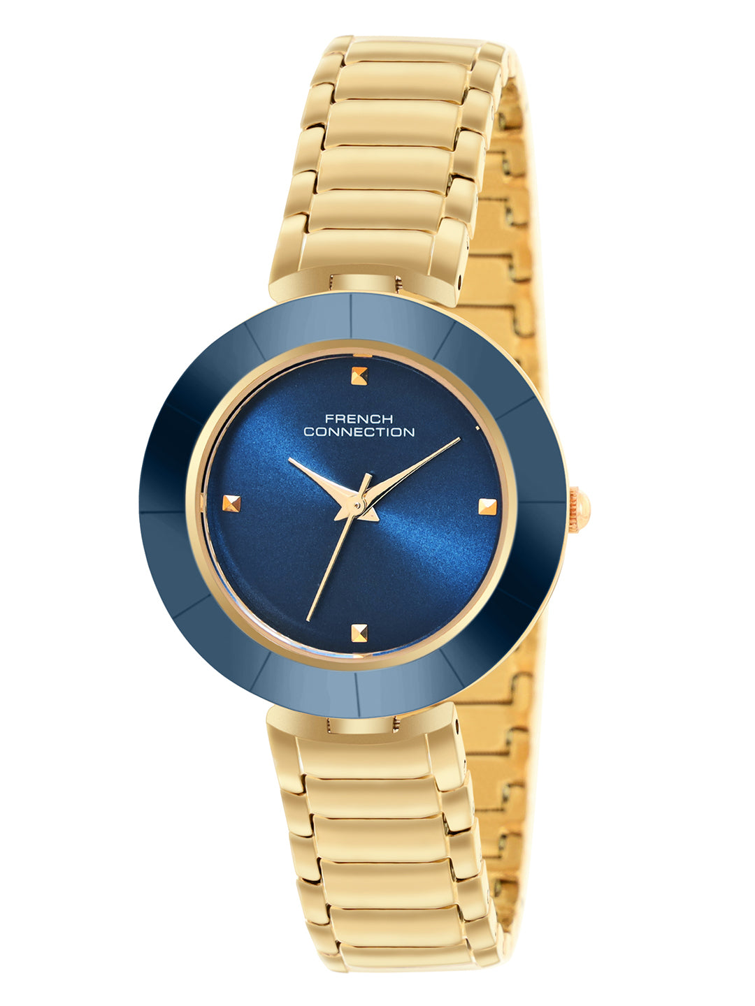 French Connection Sunray Blue Round Dial With Gold Stainless Steel Strap Watch - For Womens FCN0136UGM