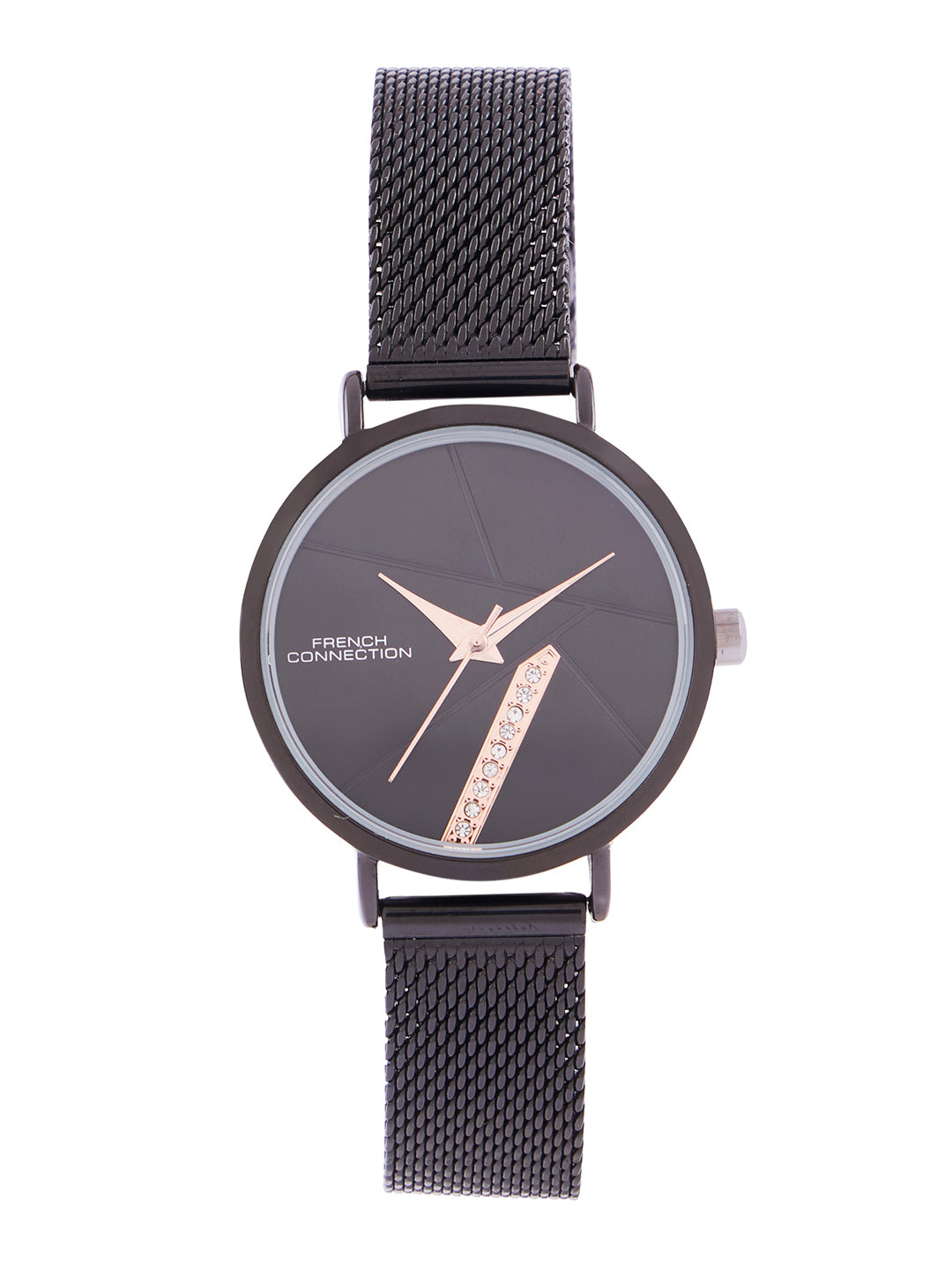 French Connection Sunray Black Round Dial With Black Stainless Steel Strap Watch - For Womens FCN0137BM