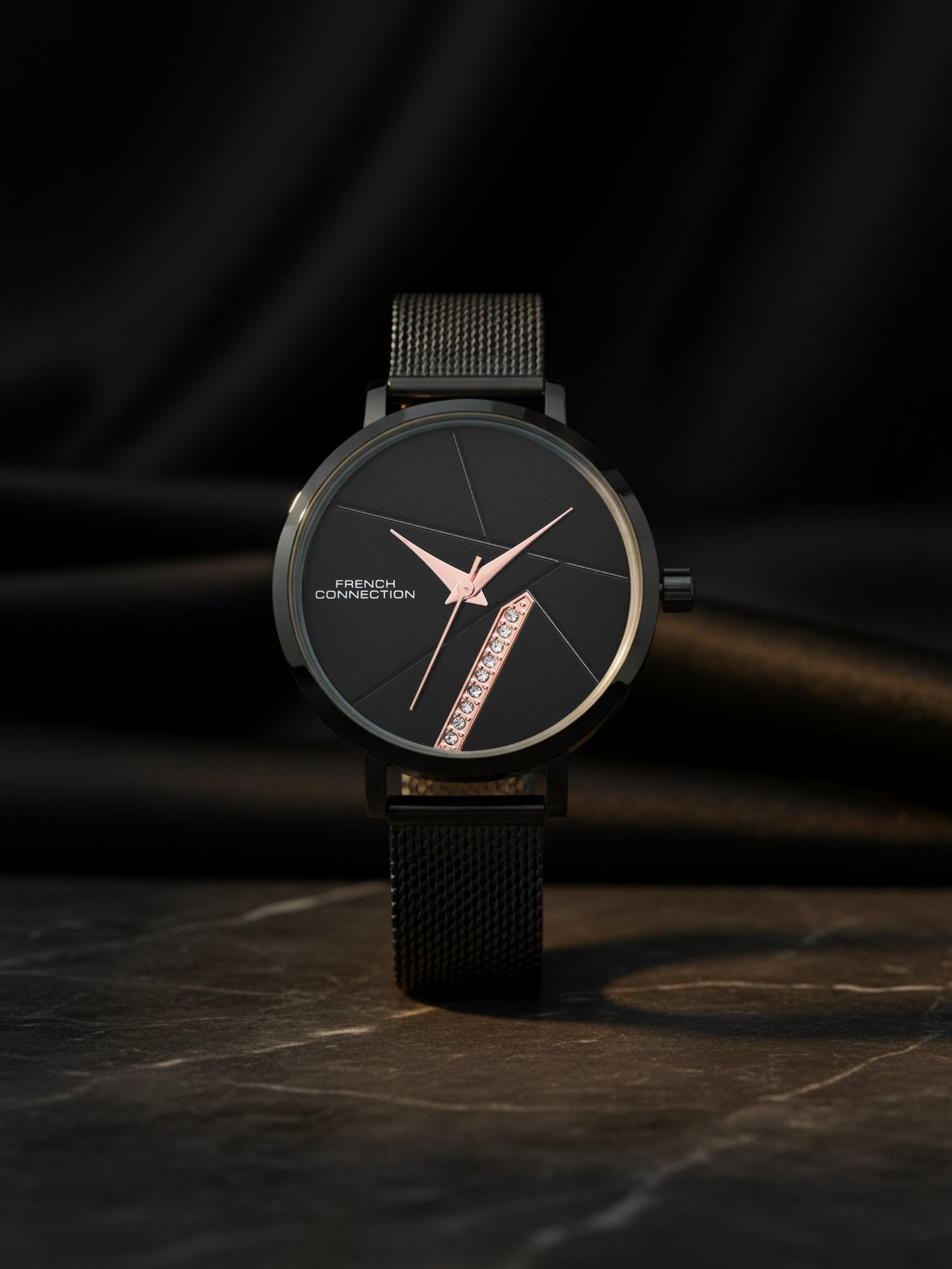 French Connection Sunray Black Round Dial With Black Stainless Steel Strap Watch - For Womens FCN0137BM