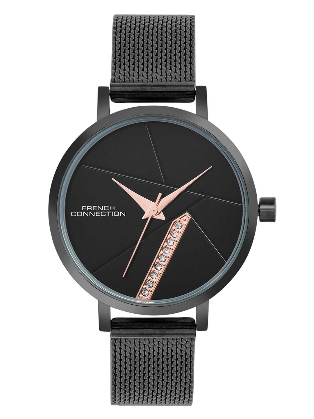 French Connection Sunray Black Round Dial With Black Stainless Steel Strap Watch - For Womens FCN0137BM