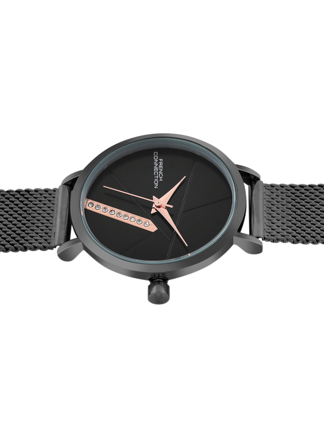 French Connection Sunray Black Round Dial With Black Stainless Steel Strap Watch - For Womens FCN0137BM