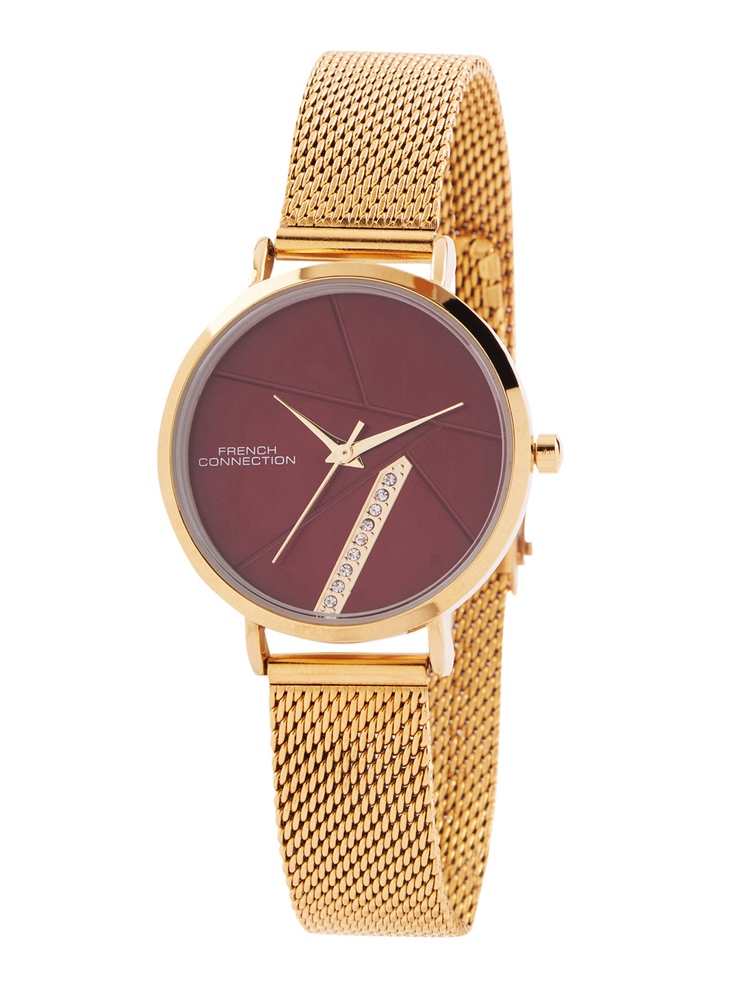 French Connection Sunray Maroon Round Dial With Gold Stainless Steel Strap Watch - For Womens FCN0137GM