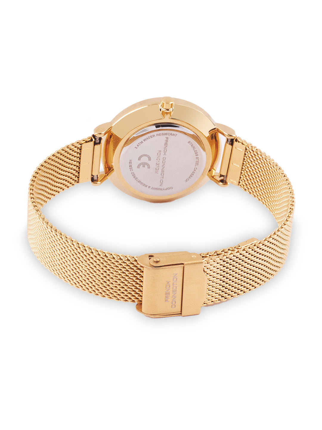 French Connection Sunray Maroon Round Dial With Gold Stainless Steel Strap Watch - For Womens FCN0137GM