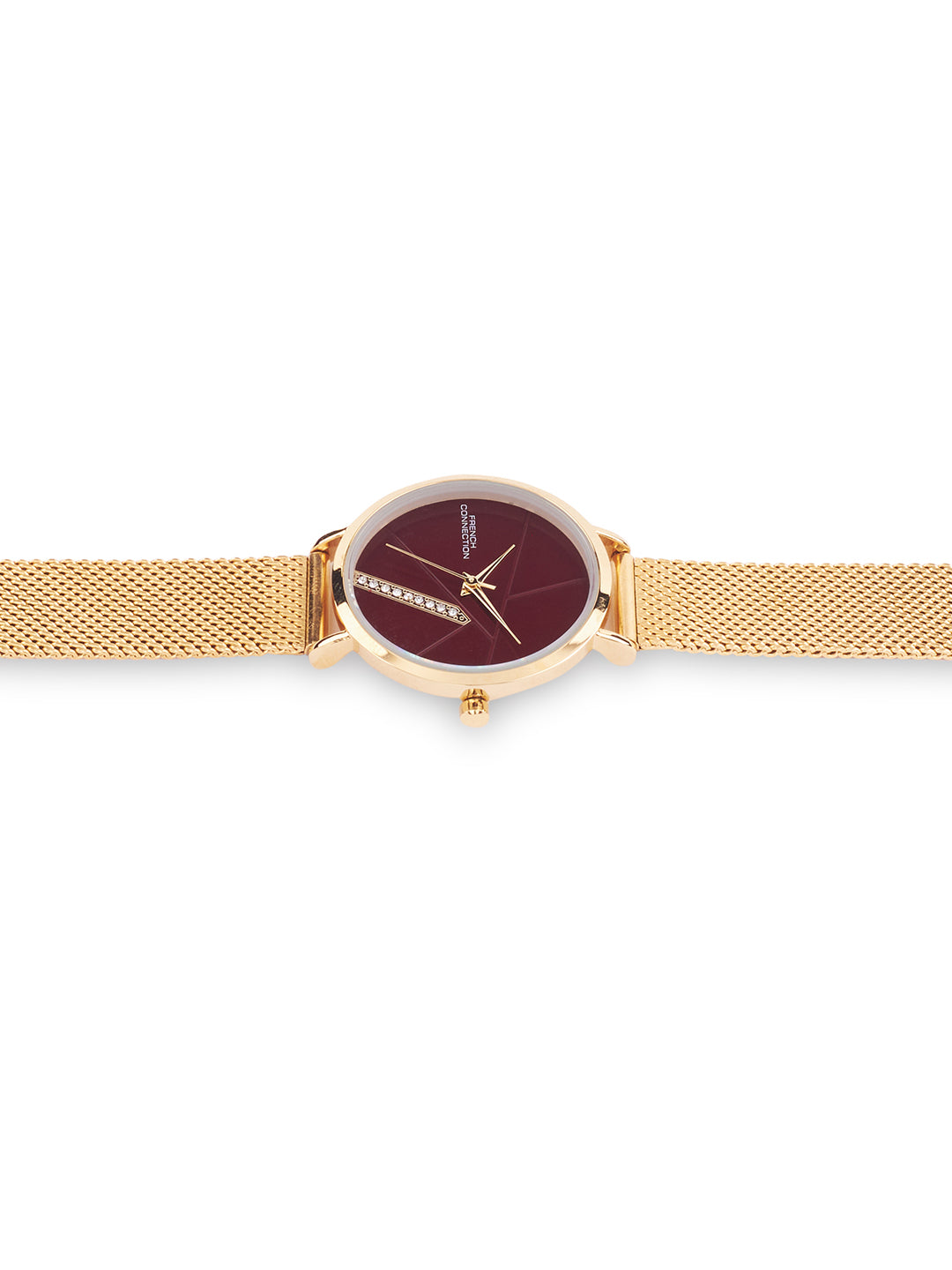 French Connection Sunray Maroon Round Dial With Gold Stainless Steel Strap Watch - For Womens FCN0137GM
