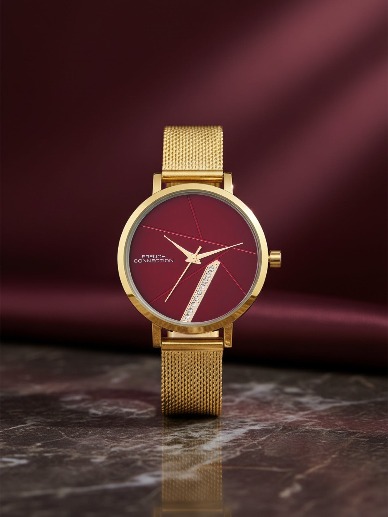 French Connection Sunray Maroon Round Dial With Gold Stainless Steel Strap Watch - For Womens FCN0137GM