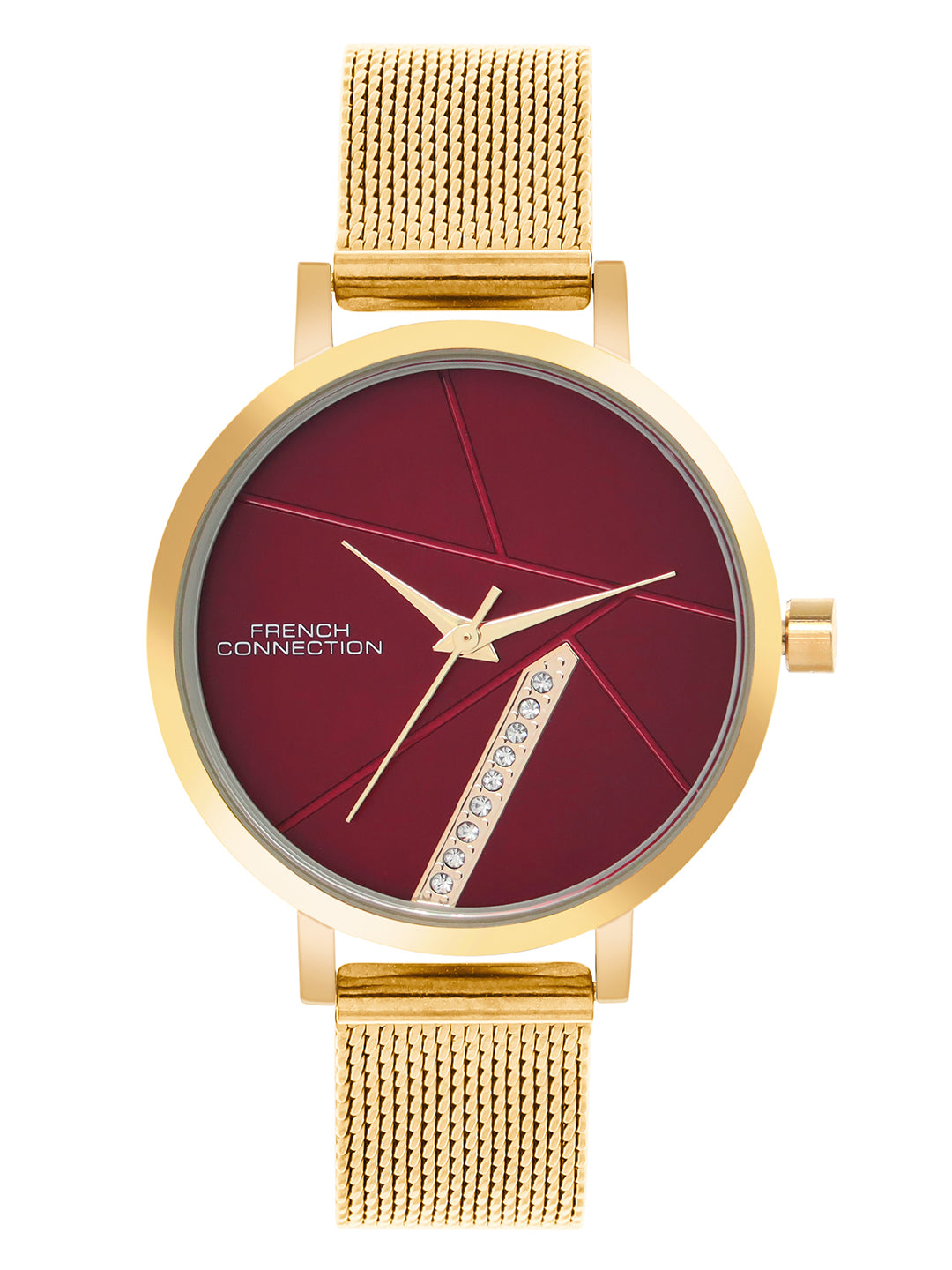 French Connection Sunray Maroon Round Dial With Gold Stainless Steel Strap Watch - For Womens FCN0137GM