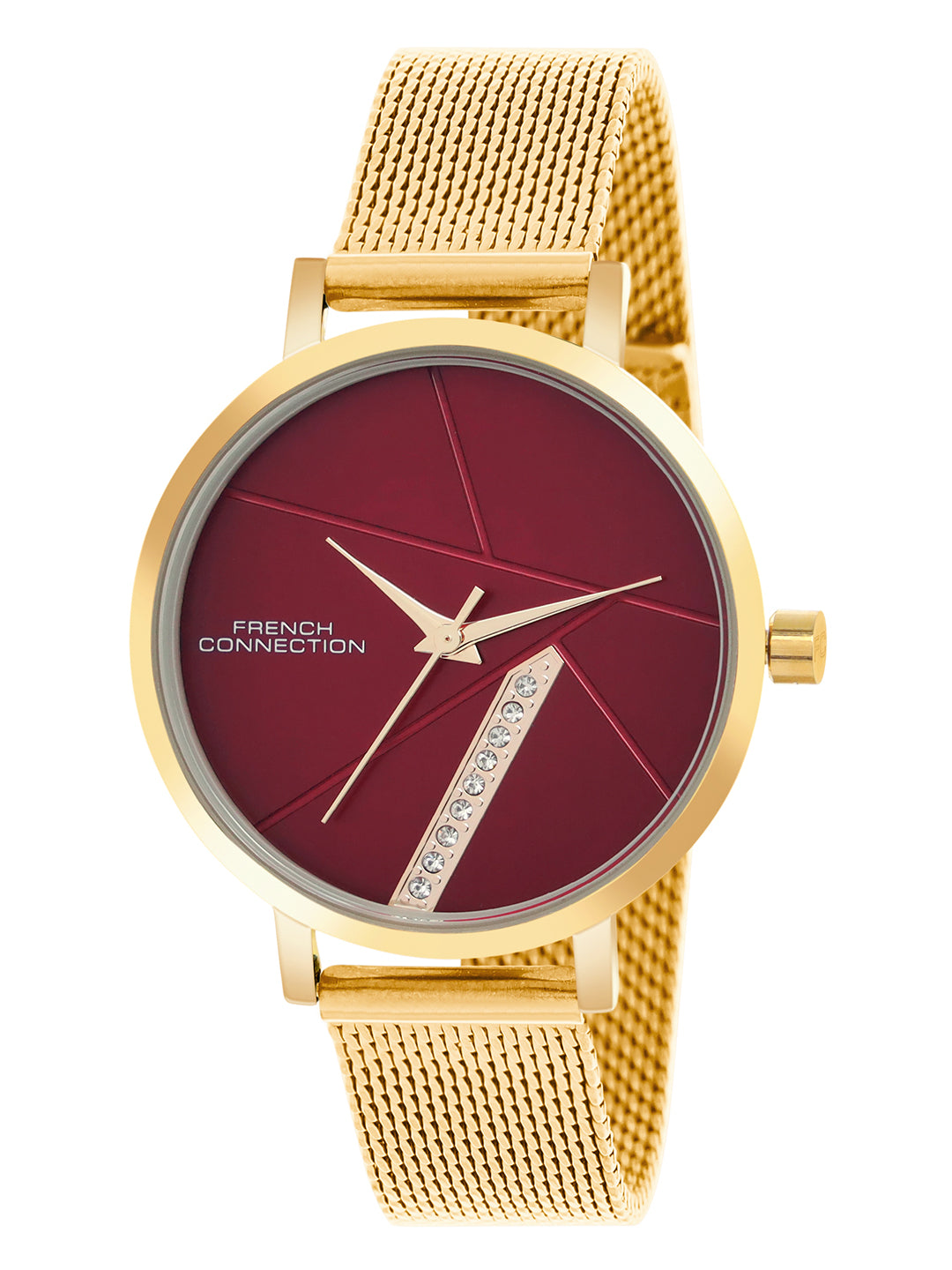 French Connection Sunray Maroon Round Dial With Gold Stainless Steel Strap Watch - For Womens FCN0137GM