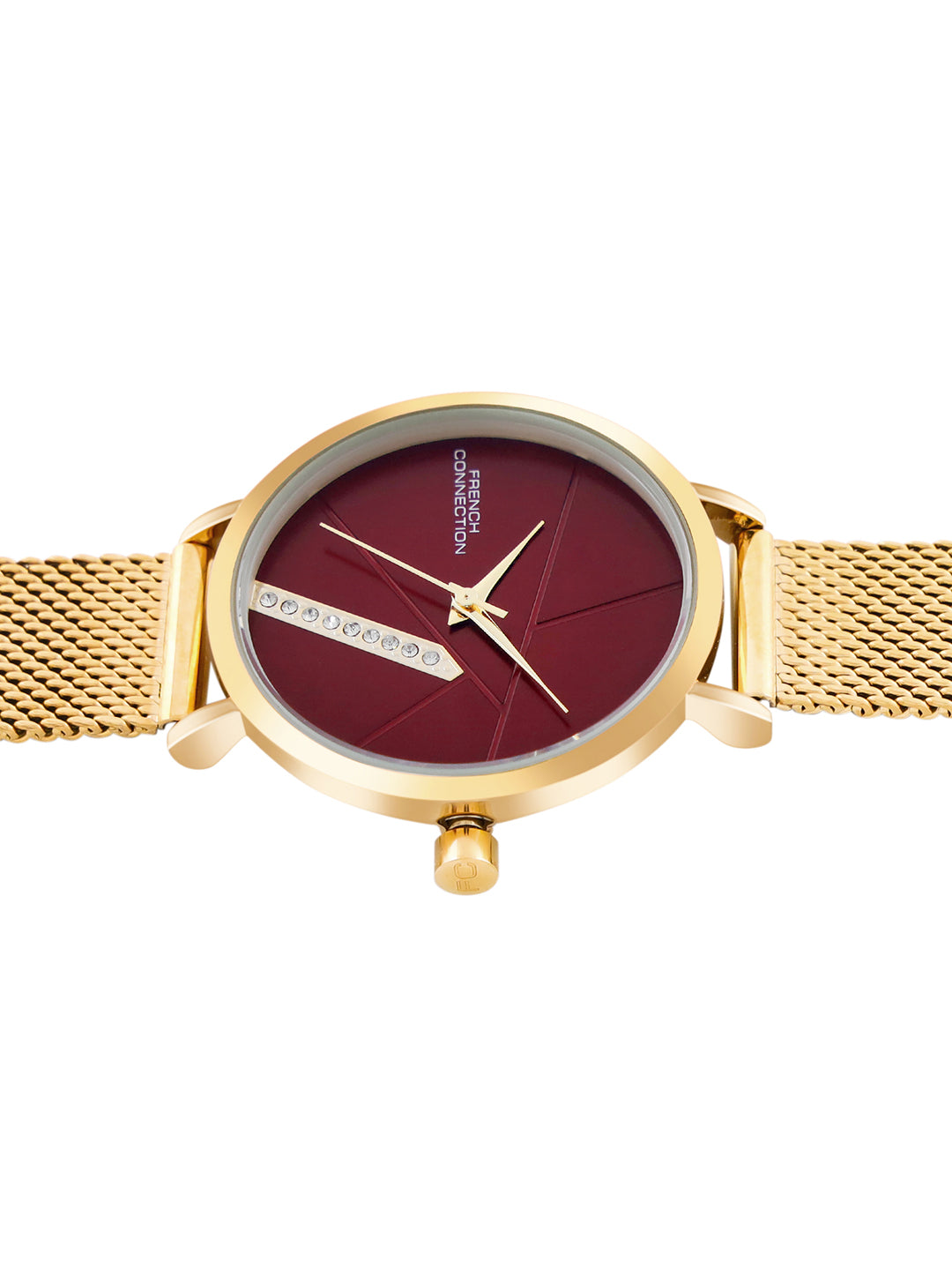 French Connection Sunray Maroon Round Dial With Gold Stainless Steel Strap Watch - For Womens FCN0137GM