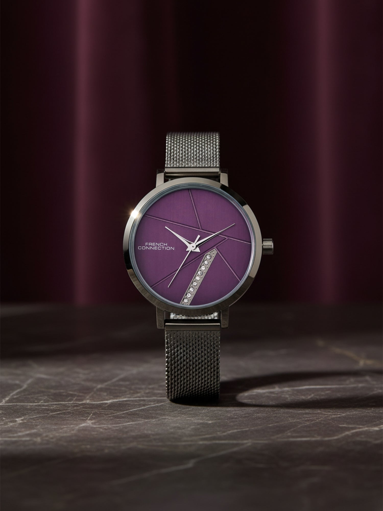 French Connection Sunray Purple Round Dial With Gun Stainless Steel Strap Watch - For Womens FCN0137GNM