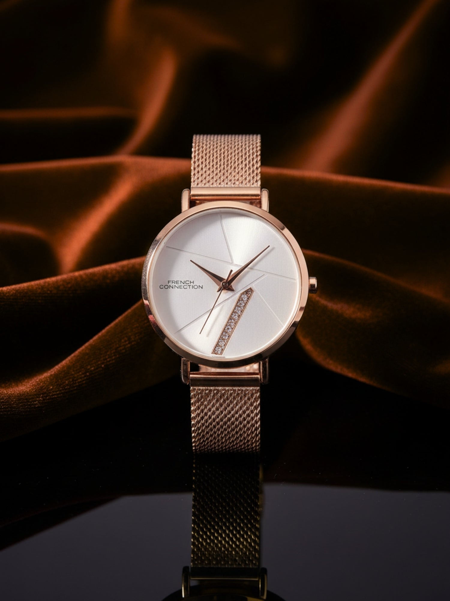 French Connection Sunray Silver Round Dial With Rose Stainless Steel Strap Watch - For Womens FCN0137RGM