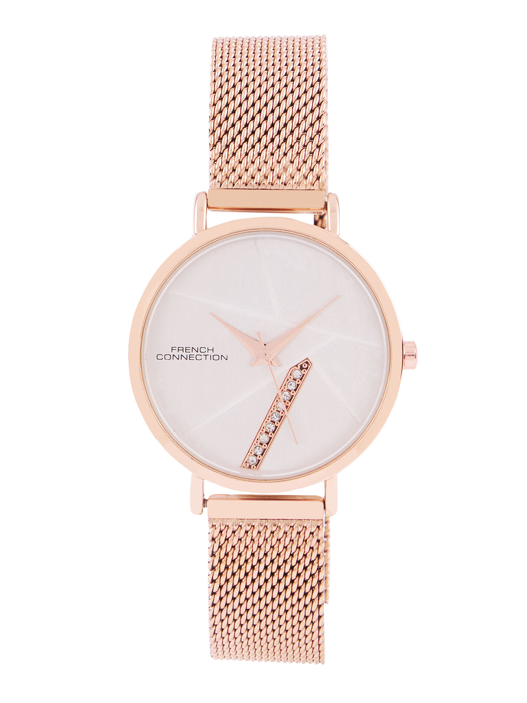 French Connection Sunray Silver Round Dial With Rose Stainless Steel Strap Watch - For Womens FCN0137RGM