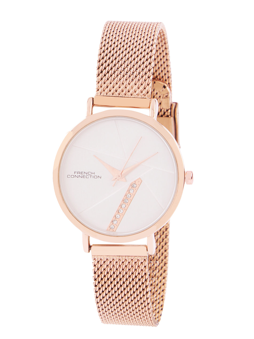 French Connection Sunray Silver Round Dial With Rose Stainless Steel Strap Watch - For Womens FCN0137RGM