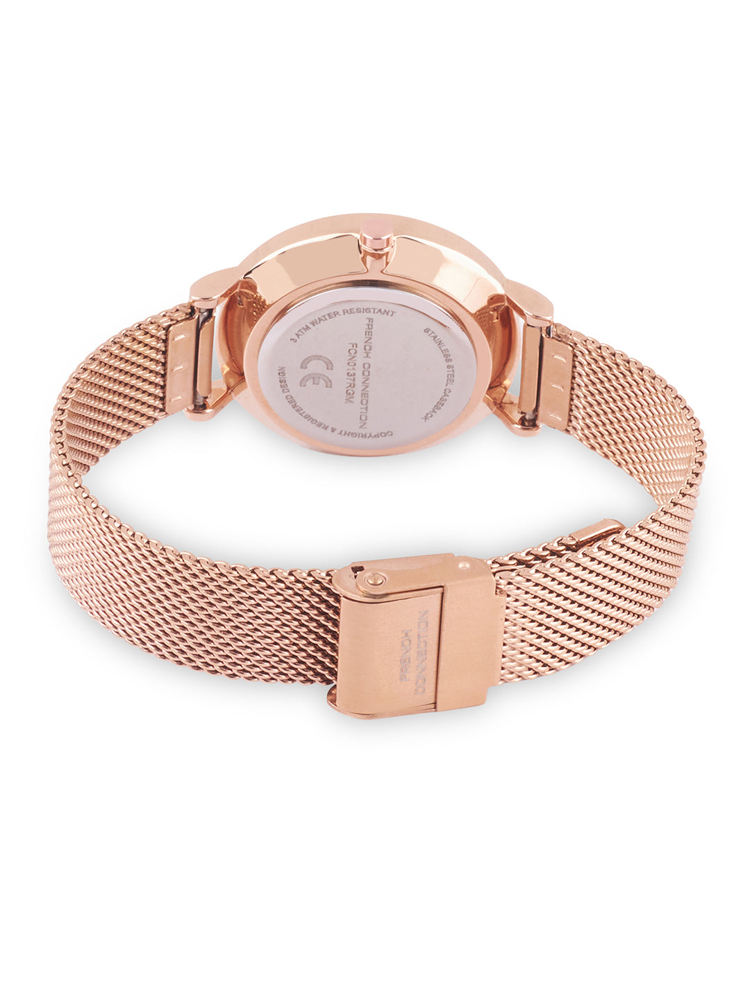 French Connection Sunray Silver Round Dial With Rose Stainless Steel Strap Watch - For Womens FCN0137RGM