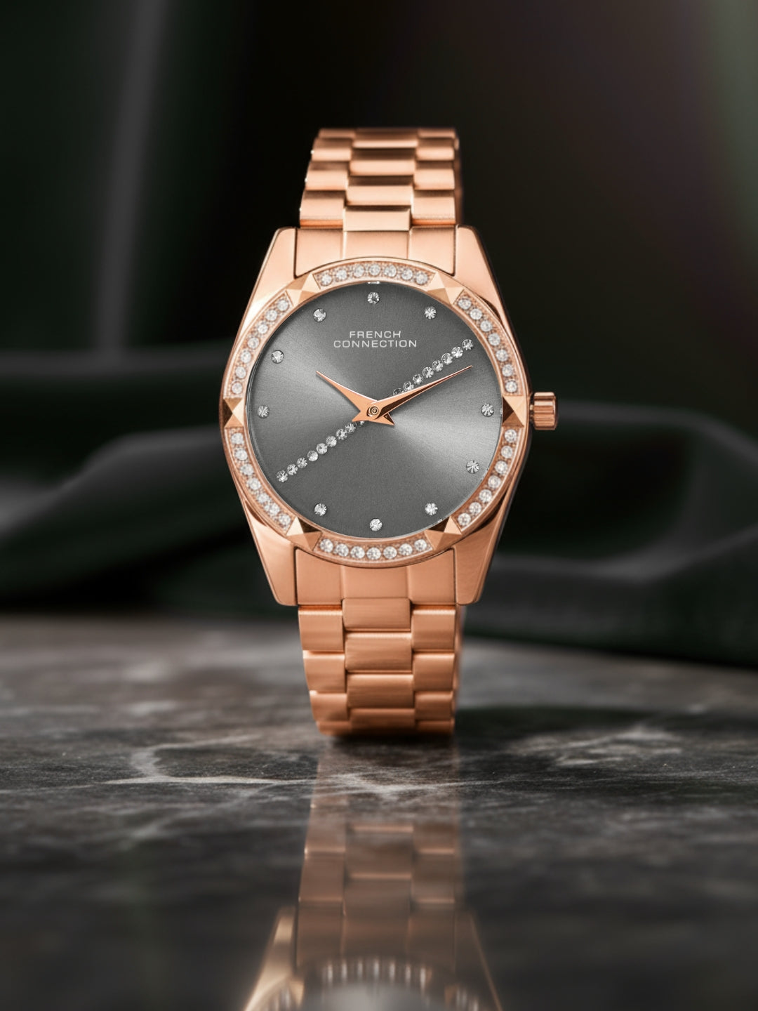 French Connection Sunray Grey Round Dial With Rose Stainless Steel Strap Watch - For Womens FCN0138RGM