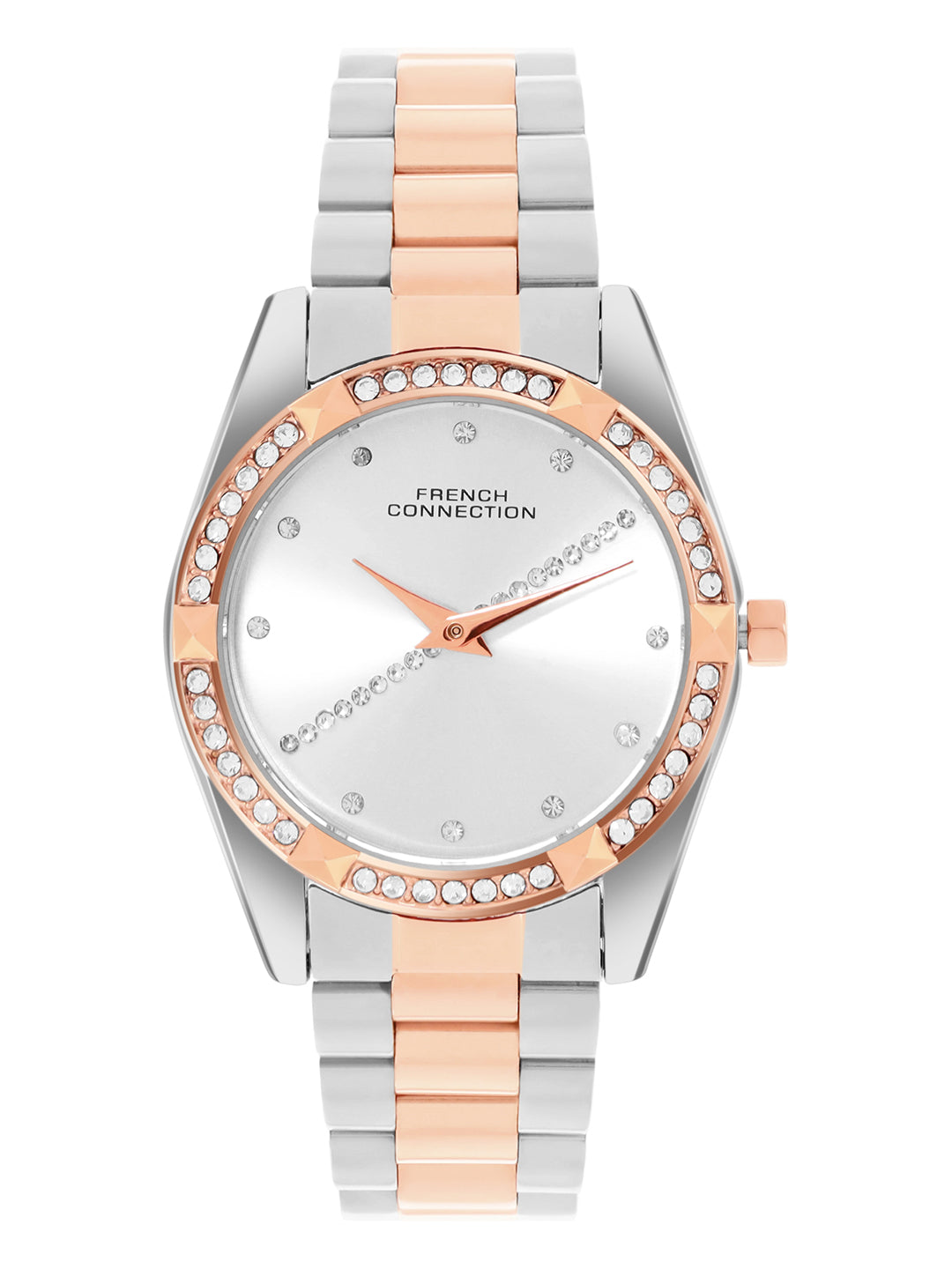 French Connection Sunray Silver Round Dial With Rose Two Tone Stainless Steel Strap Watch - For Womens FCN0138SRTM