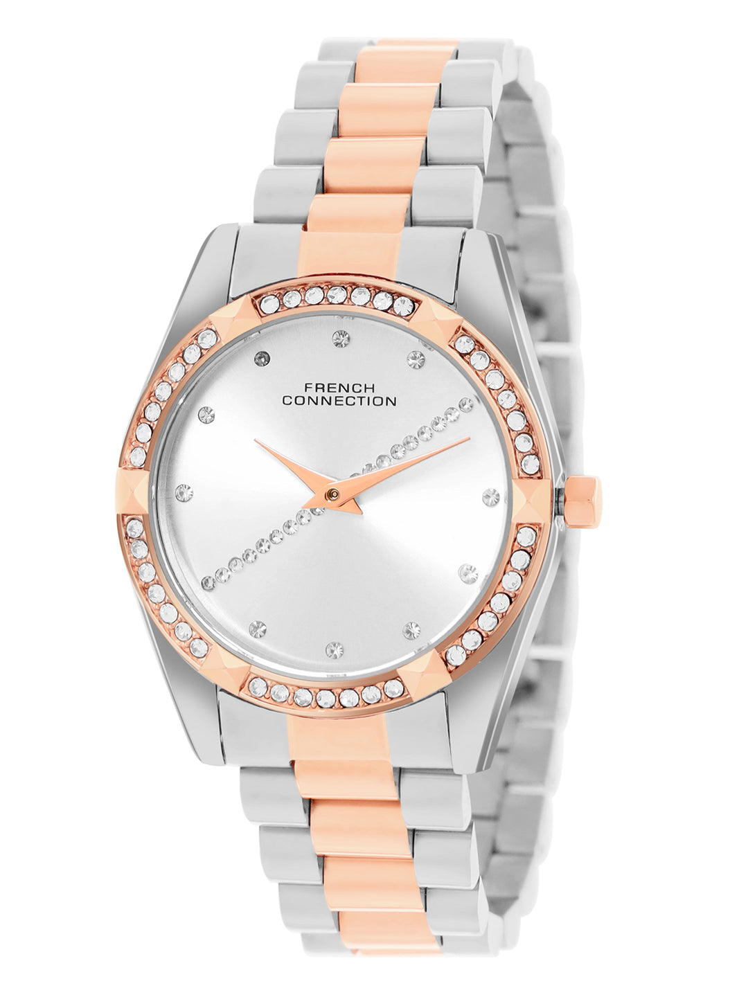 French Connection Sunray Silver Round Dial With Rose Two Tone Stainless Steel Strap Watch - For Womens FCN0138SRTM