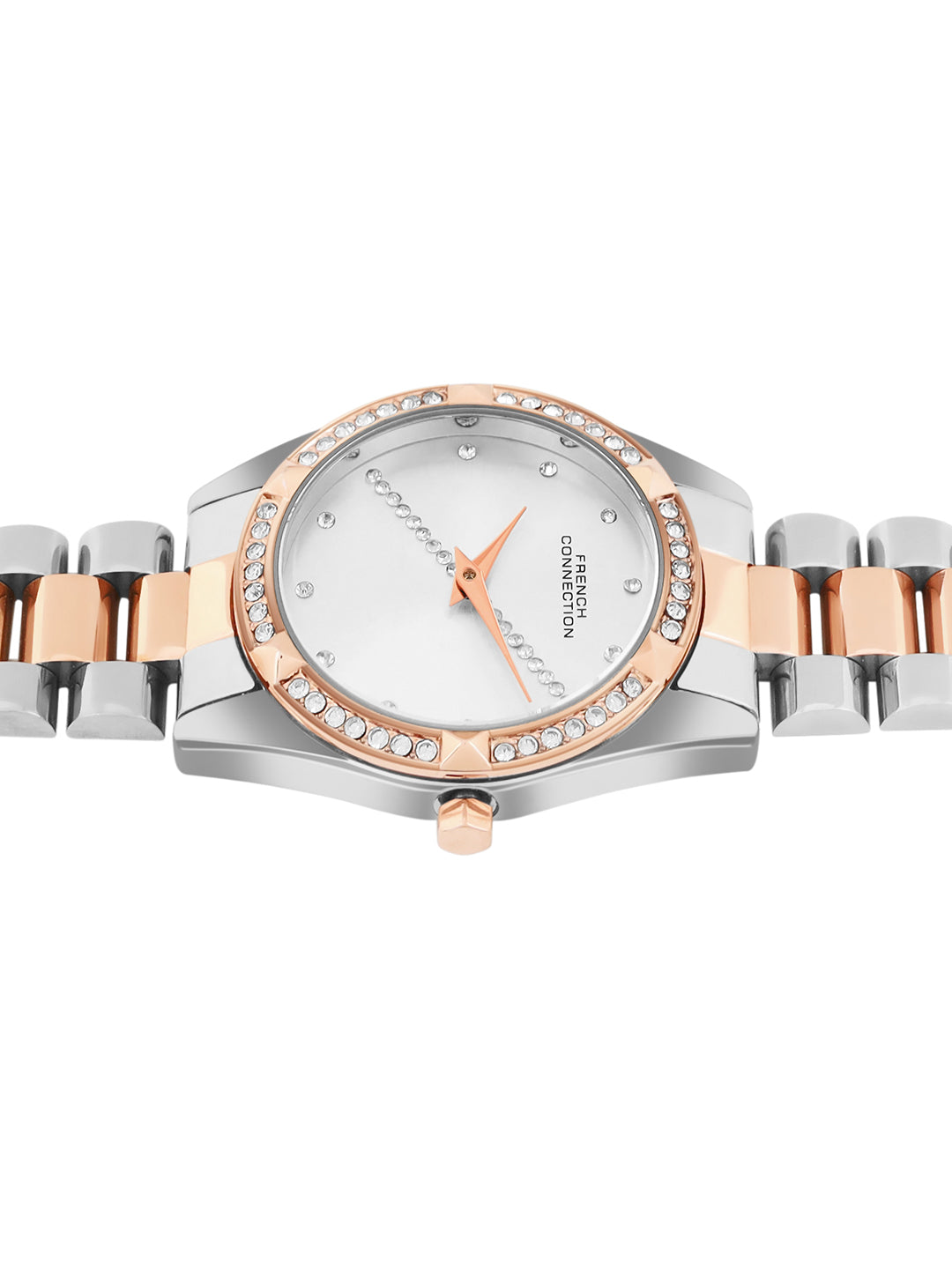French Connection Sunray Silver Round Dial With Rose Two Tone Stainless Steel Strap Watch - For Womens FCN0138SRTM
