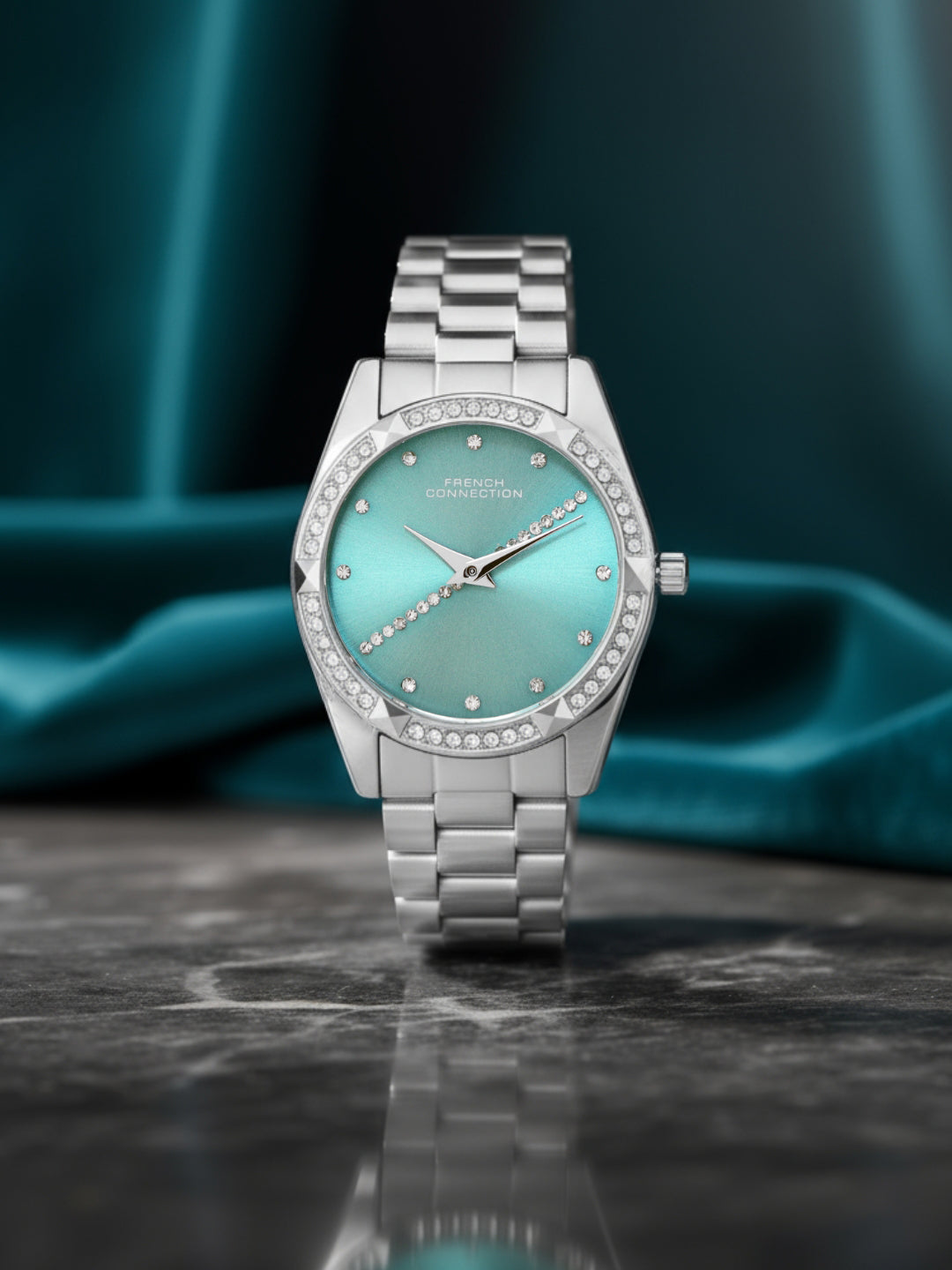 French Connection Sunray Sea Green Round Dial With Stainless Steel Strap Watch - For Womens FCN0138SM