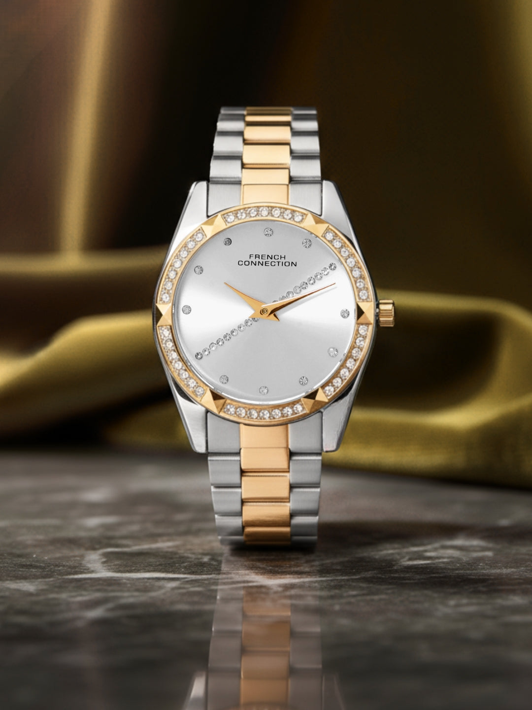 French Connection Sunray Silver Round Dial With Rose Two Tone Stainless Steel Strap Watch - For Womens FCN0138SRTM
