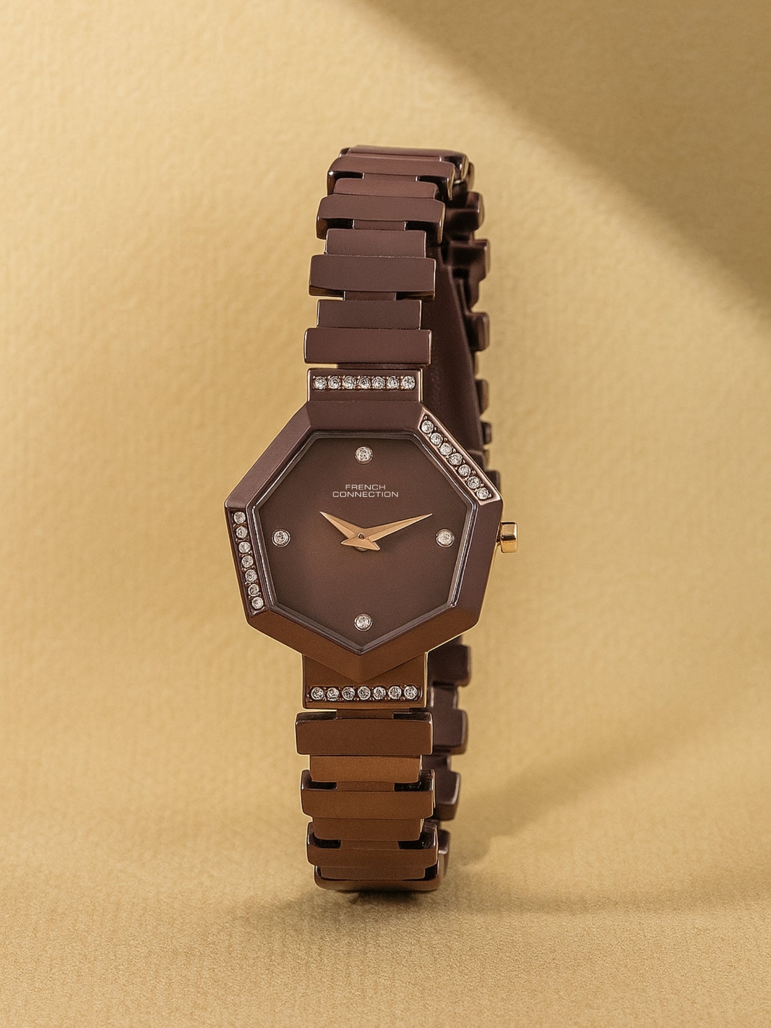 French Connection Mop Brown Hexagonal Dial With Brown Stainless Steel  Strap Watch - For Womens FCN0139BRGM