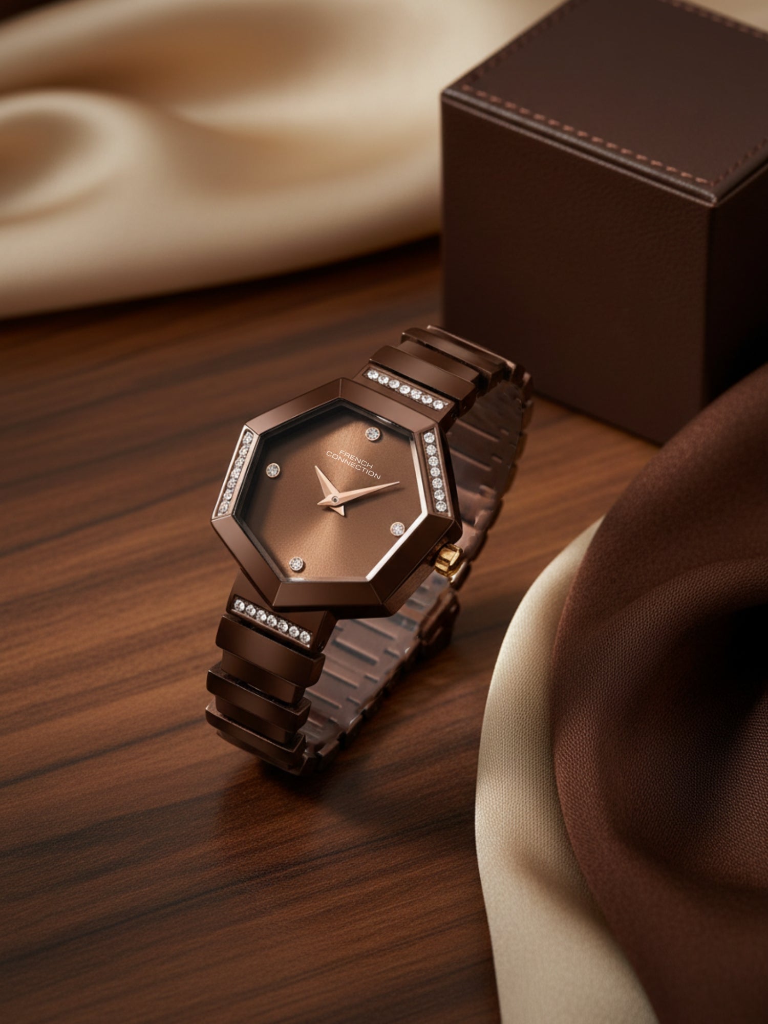 French Connection Mop Brown Hexagonal Dial With Brown Stainless Steel Strap Watch - For Womens FCN0139BRGM