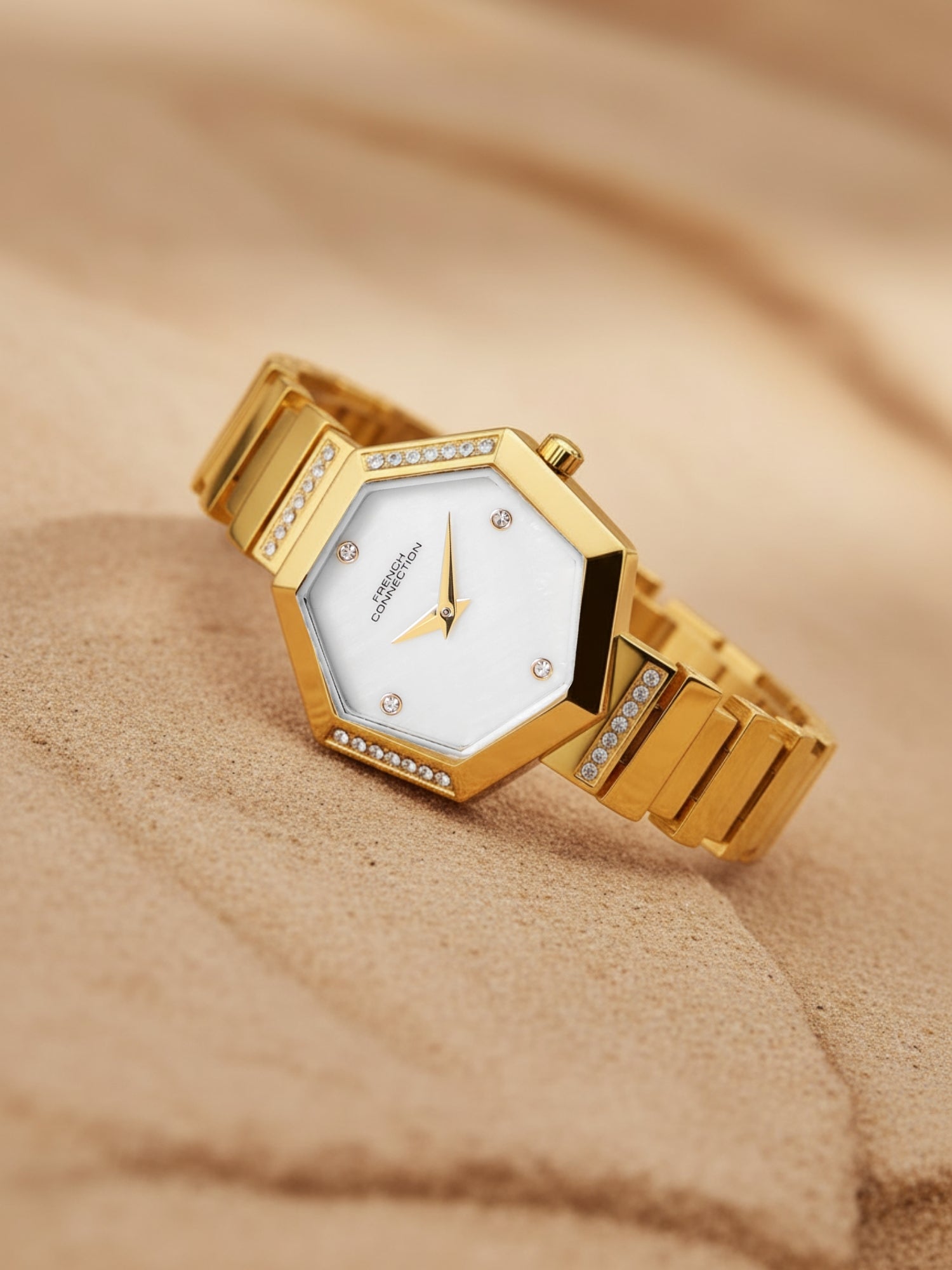 French Connection Mop Silver Hexagonal Dial With Gold Stainless Steel Strap Watch - For Womens FCN0139GM