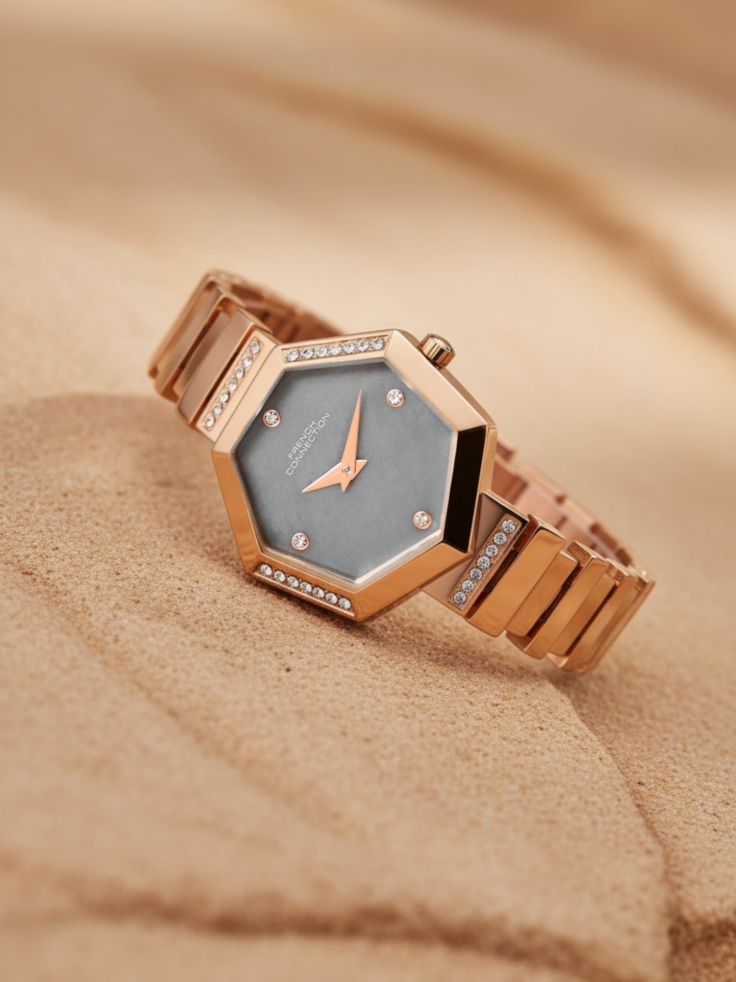 French Connection Mop Grey Hexagonal Dial With Rose Stainless Steel Strap Watch - For Womens FCN0139RGM