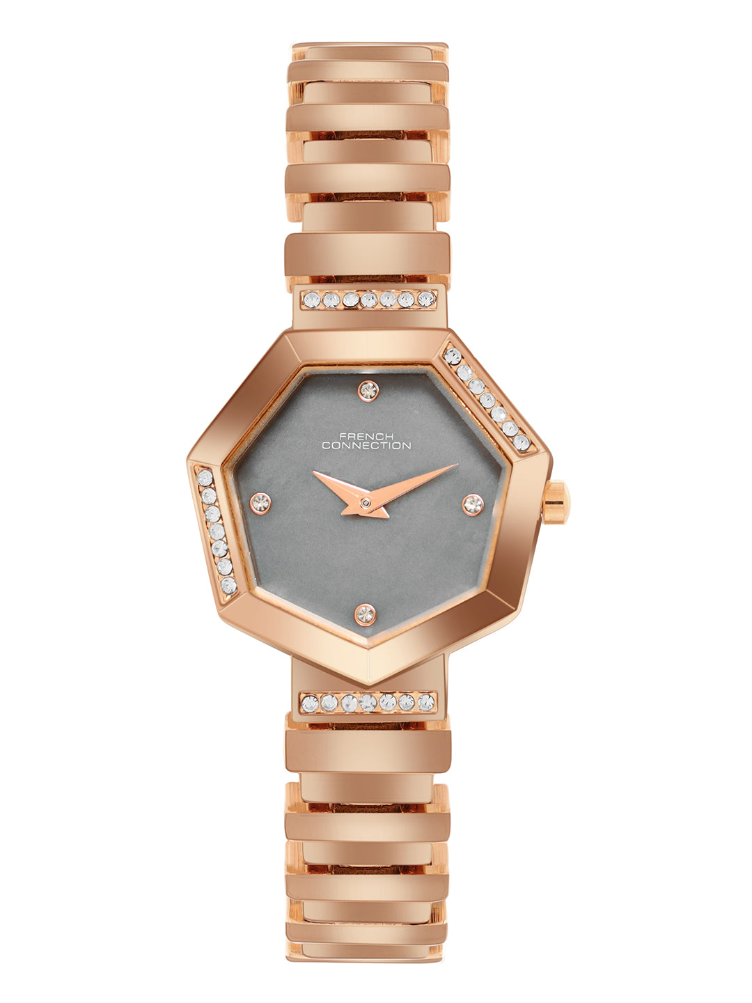 French Connection Mop Grey Hexagonal Dial With Rose Stainless Steel Strap Watch - For Womens FCN0139RGM