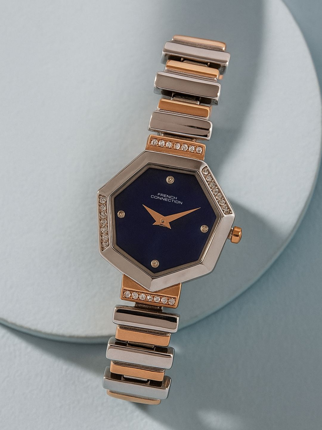 French Connection Mop Blue Hexagonal Dial With Rose Two Tone Stainless Steel Strap Watch - For Womens FCN0139RTM