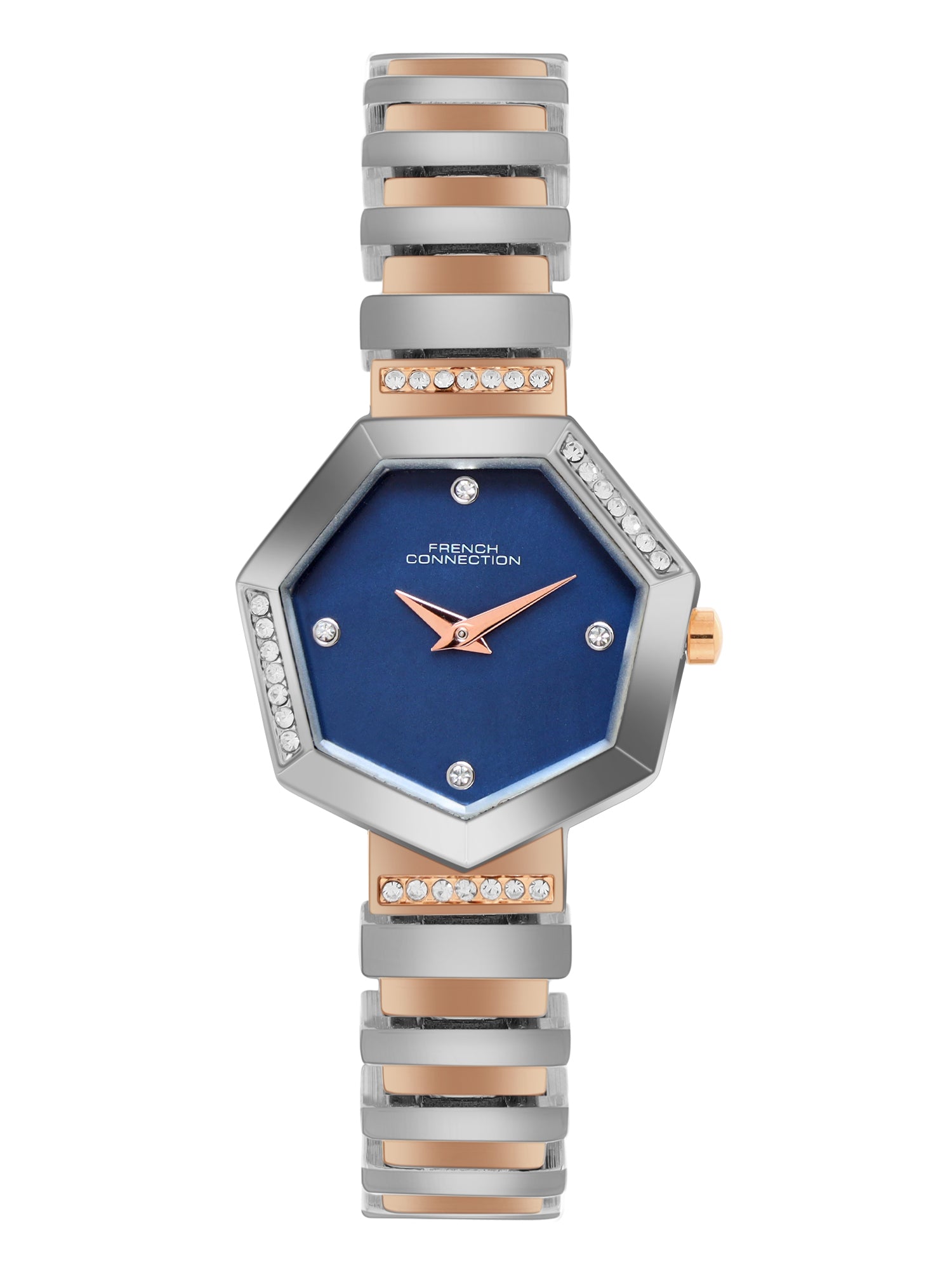 French Connection Mop Blue Hexagonal Dial With Rose Two Tone Stainless Steel Strap Watch - For Womens FCN0139RTM