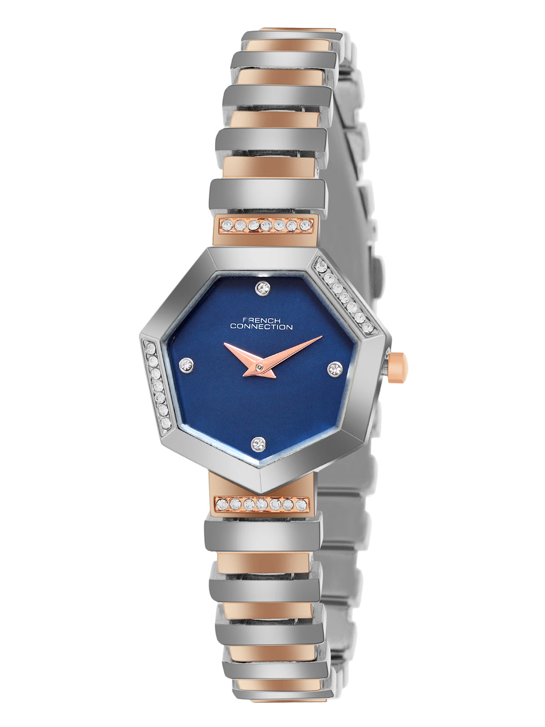 French Connection Mop Blue Hexagonal Dial With Rose Two Tone Stainless Steel Strap Watch - For Womens FCN0139RTM