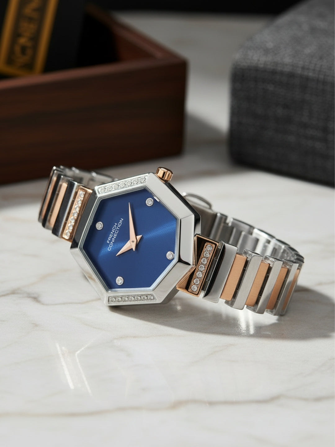 French Connection Mop Blue Hexagonal Dial With Rose Two Tone Stainless Steel Strap Watch - For Womens FCN0139RTM