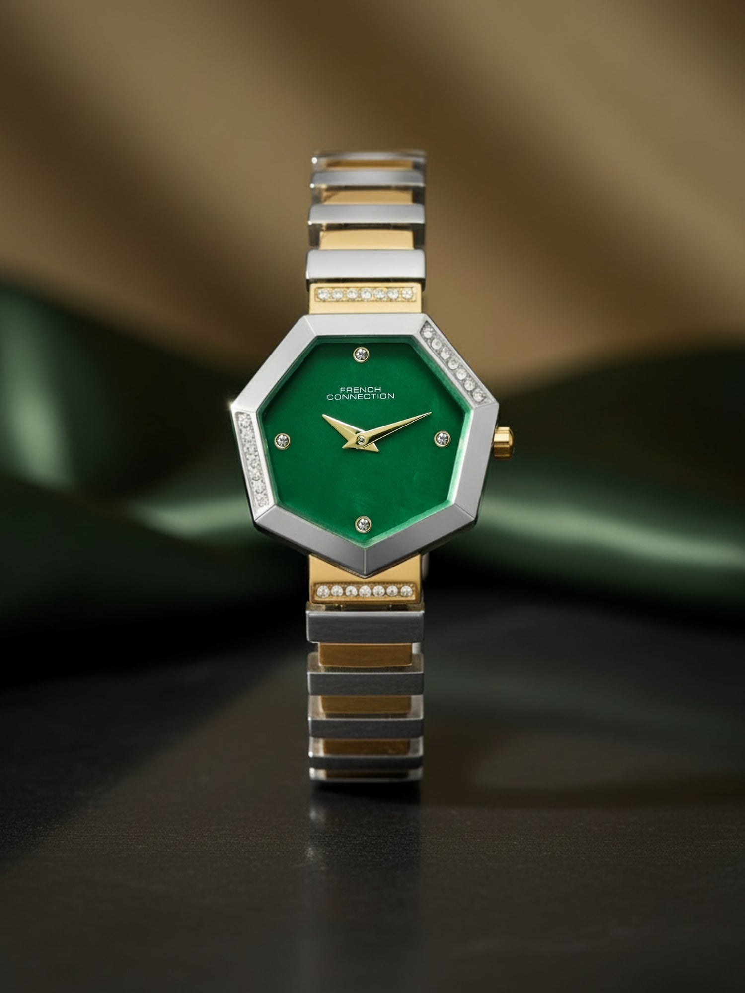 French Connection Mop Green Hexagonal Dial With Gold Two Tone Stainless Steel Strap Watch - For Womens FCN0139TM