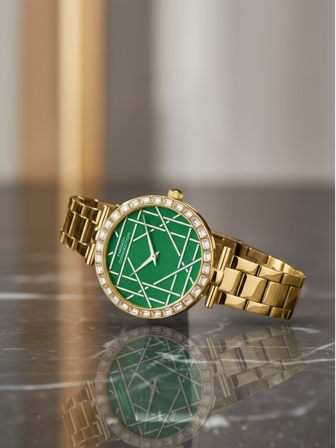 French Connection Mop Green Round Dial With Gold Stainless Steel Strap Watch - For Womens FCN0141NGM