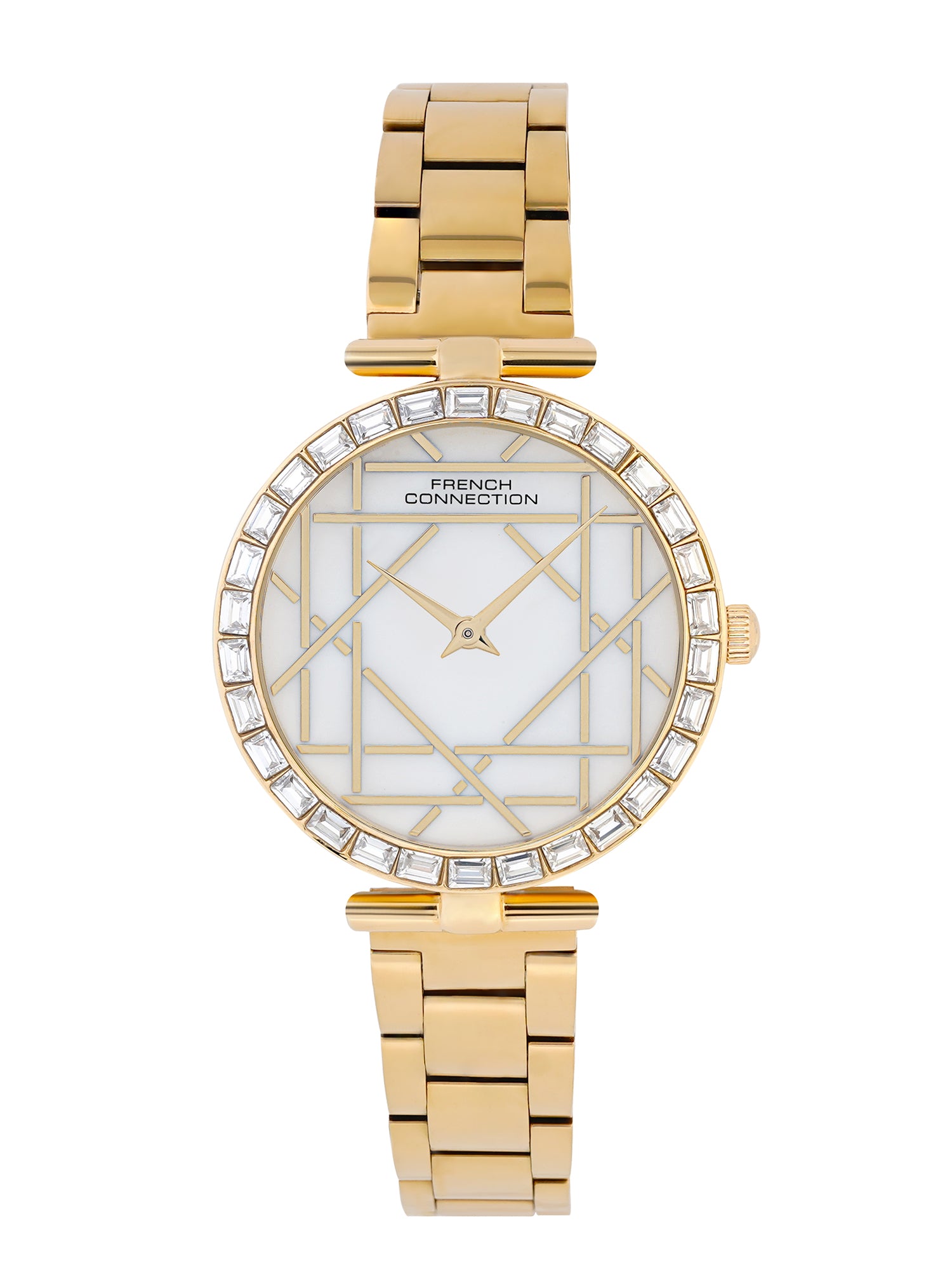 French Connection Mop Silver Round Dial With Gold Stainless Steel Strap Watch - For Womens FCN0141SGM