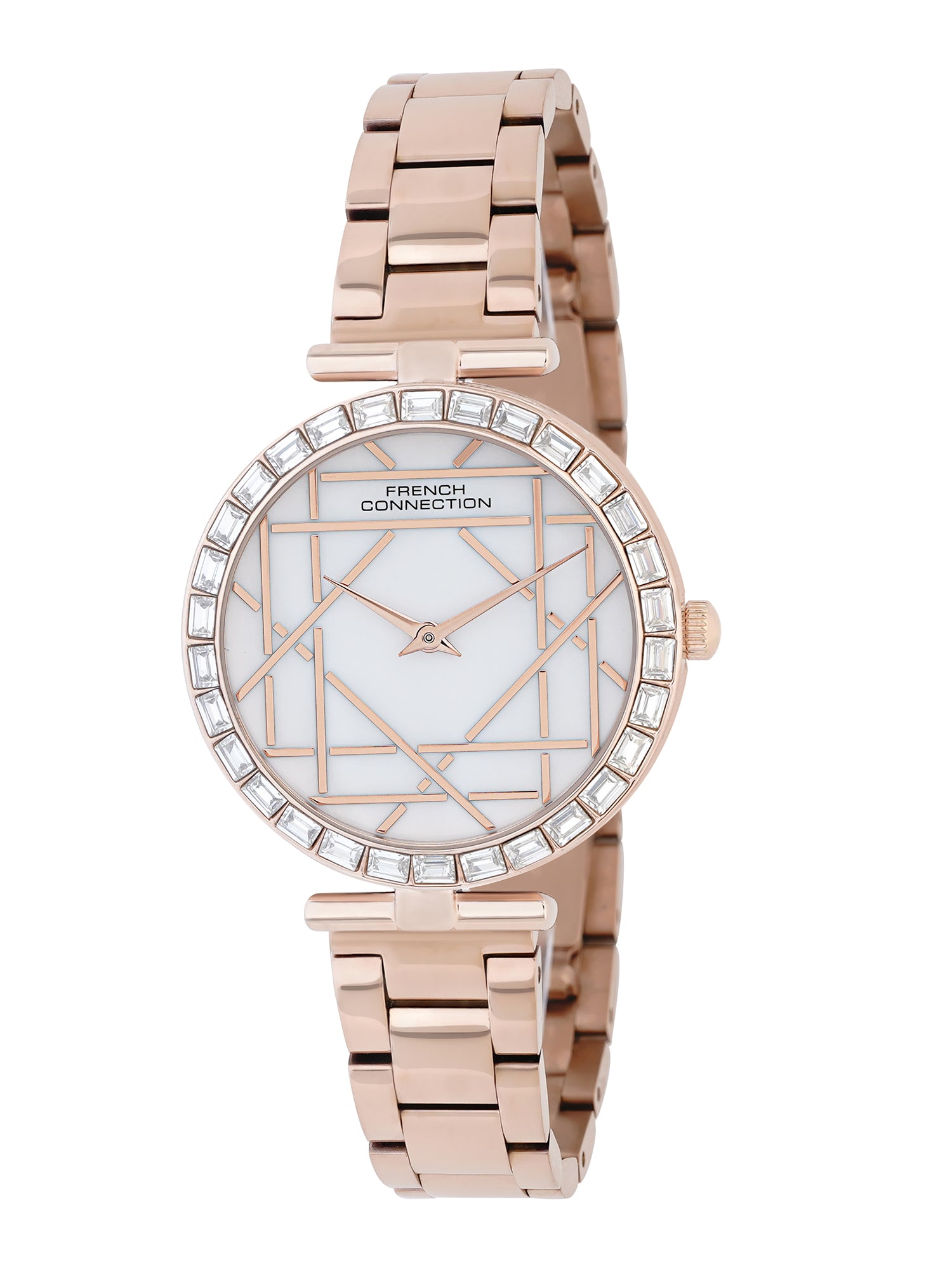 French Connection Mop Silver Round Dial With Rose Stainless Steel Strap Watch - For Womens FCN0141SRGM