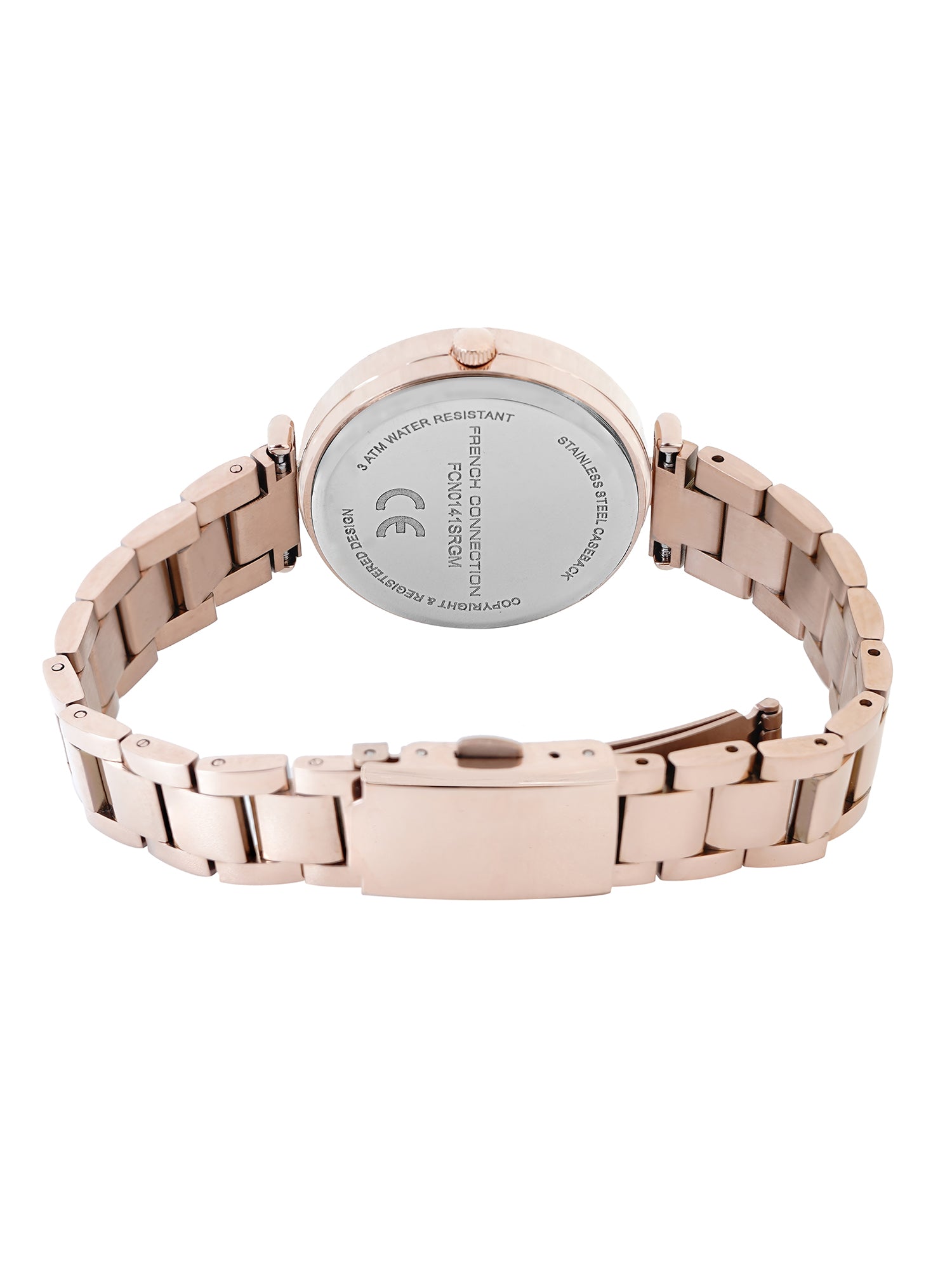 French Connection Mop Silver Round Dial With Rose Stainless Steel Strap Watch - For Womens FCN0141SRGM