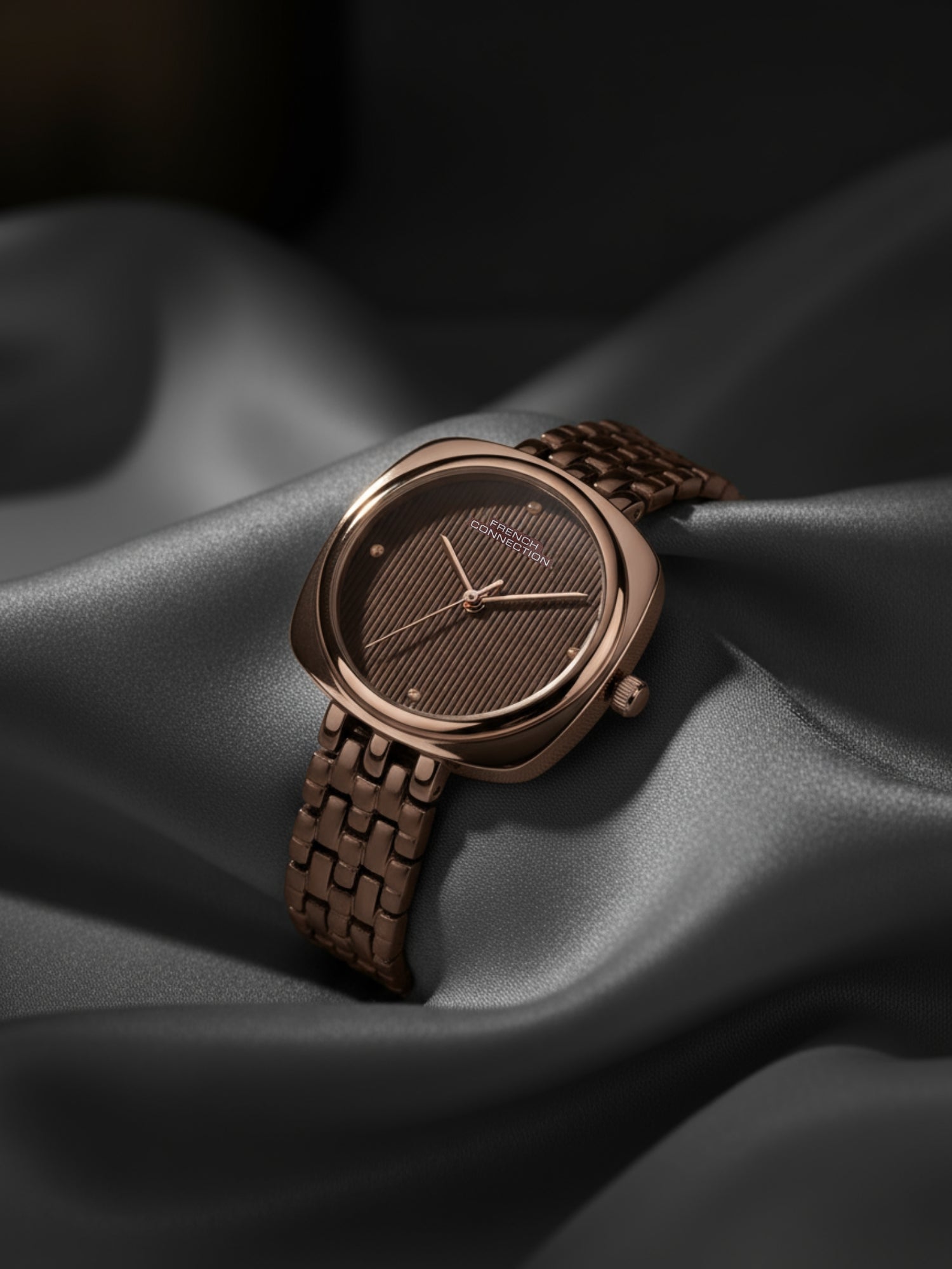 French Connection Textured Brown Square Dial With Brown Stainless Steel Strap Watch - For Womens FCN0143BRGM