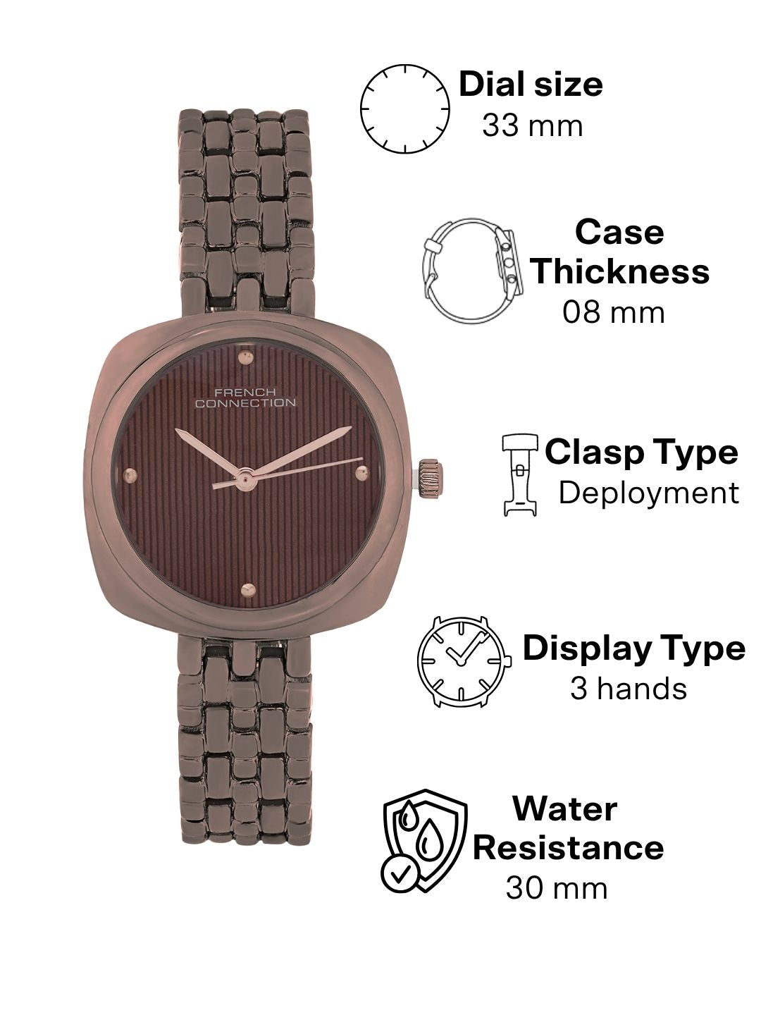 French Connection Textured Brown Square Dial With Brown Stainless Steel Strap Watch - For Womens FCN0143BRGM