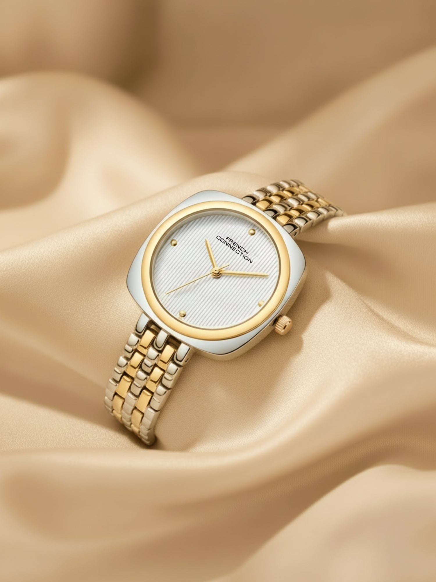French Connection Textured Silver Square Dial With Gold Two Tone Stainless Steel Strap Watch - For Womens FCN0143TM