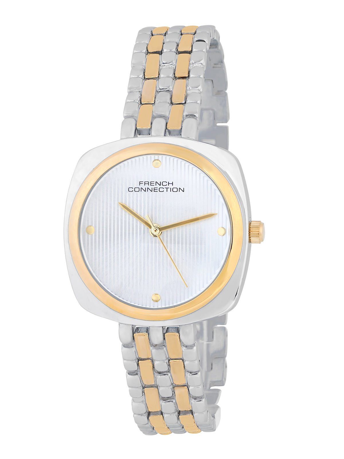 French Connection Textured Silver Square Dial With Gold Two Tone Stainless Steel Strap Watch - For Womens FCN0143TM