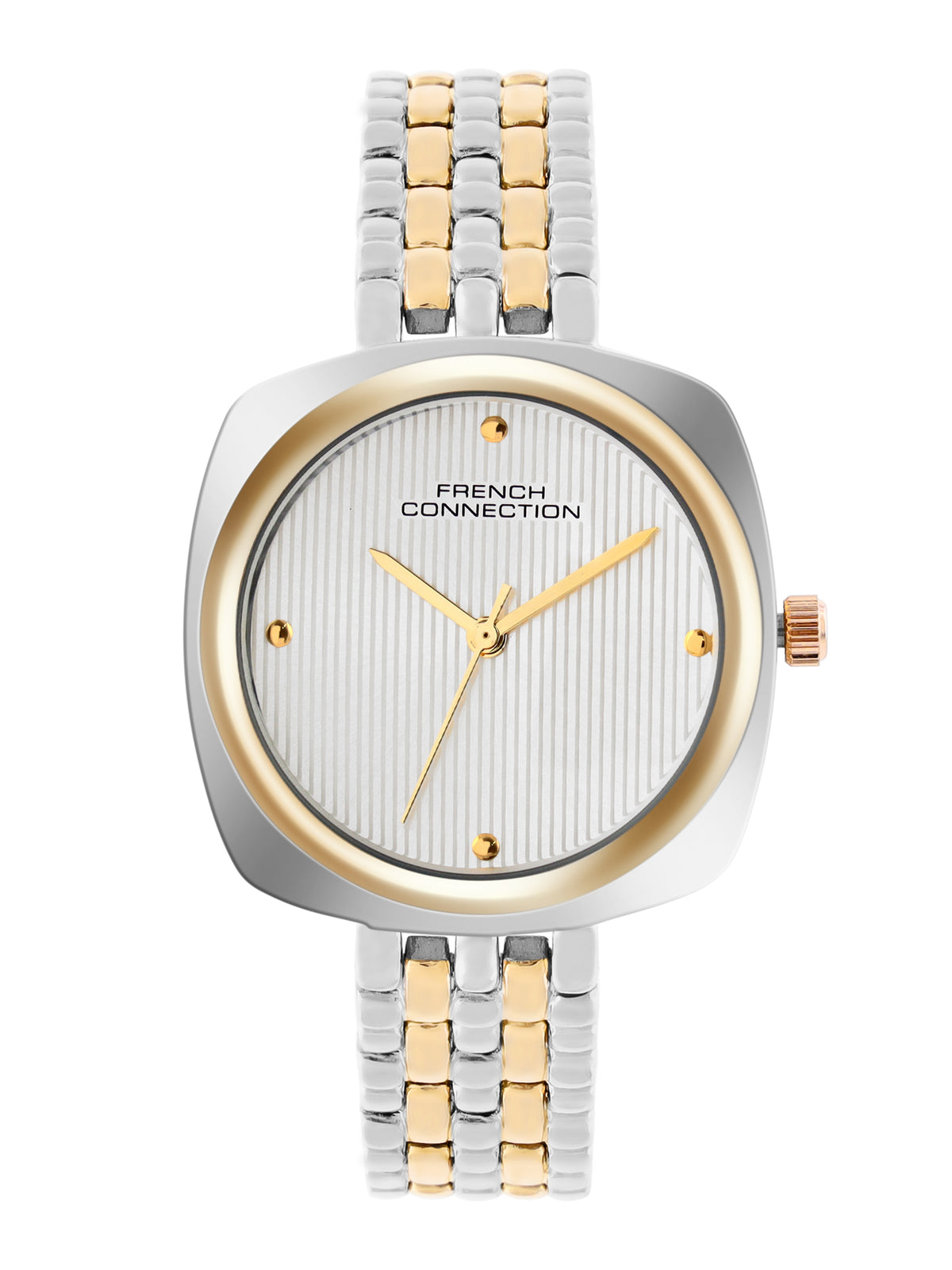 French Connection Textured Silver Square Dial With Gold Two Tone Stainless Steel Strap Watch - For Womens FCN0143TM