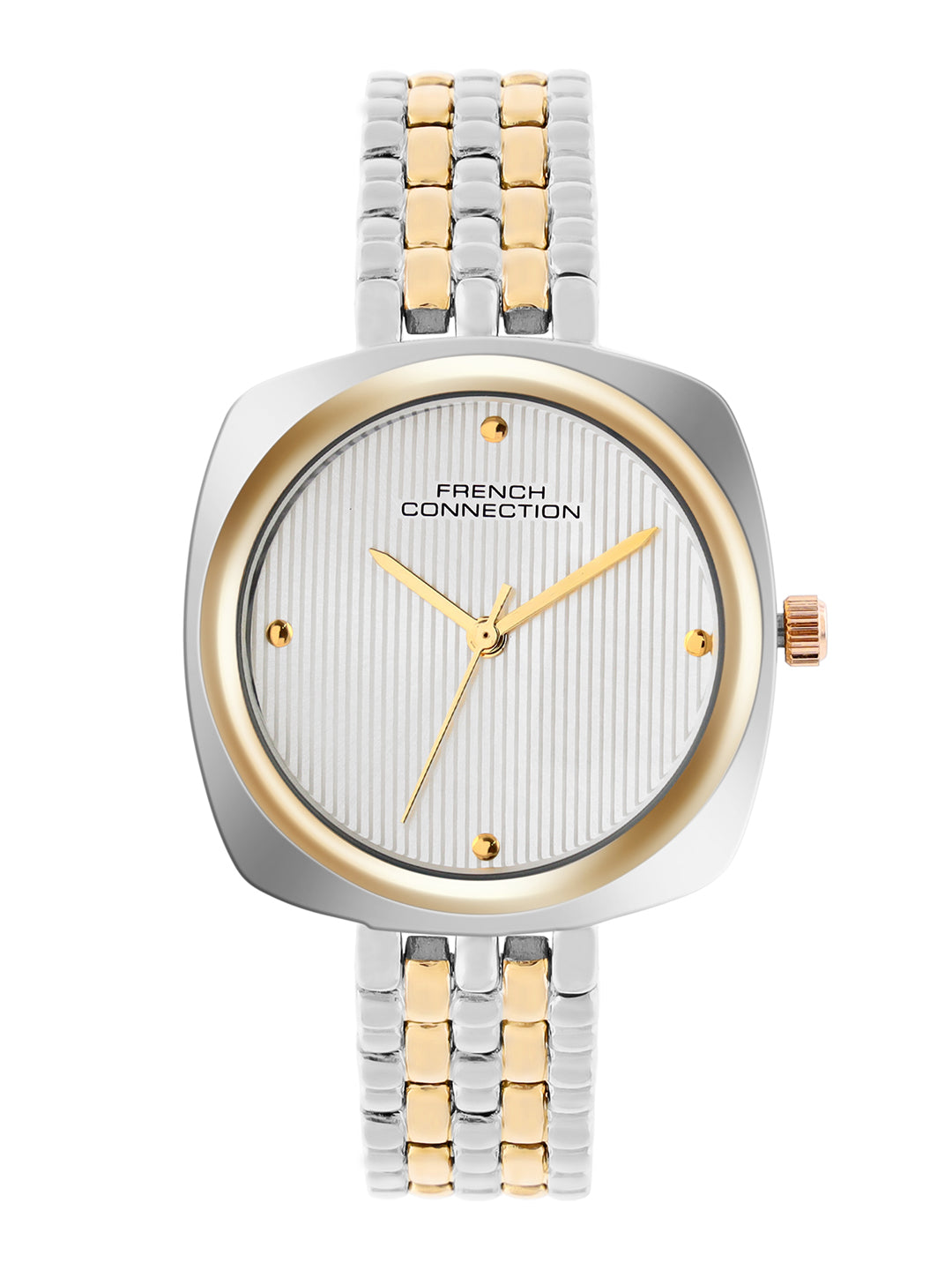French Connection Textured Silver Square Dial With Gold Two Tone Stainless Steel Strap Watch - For Womens FCN0143TM