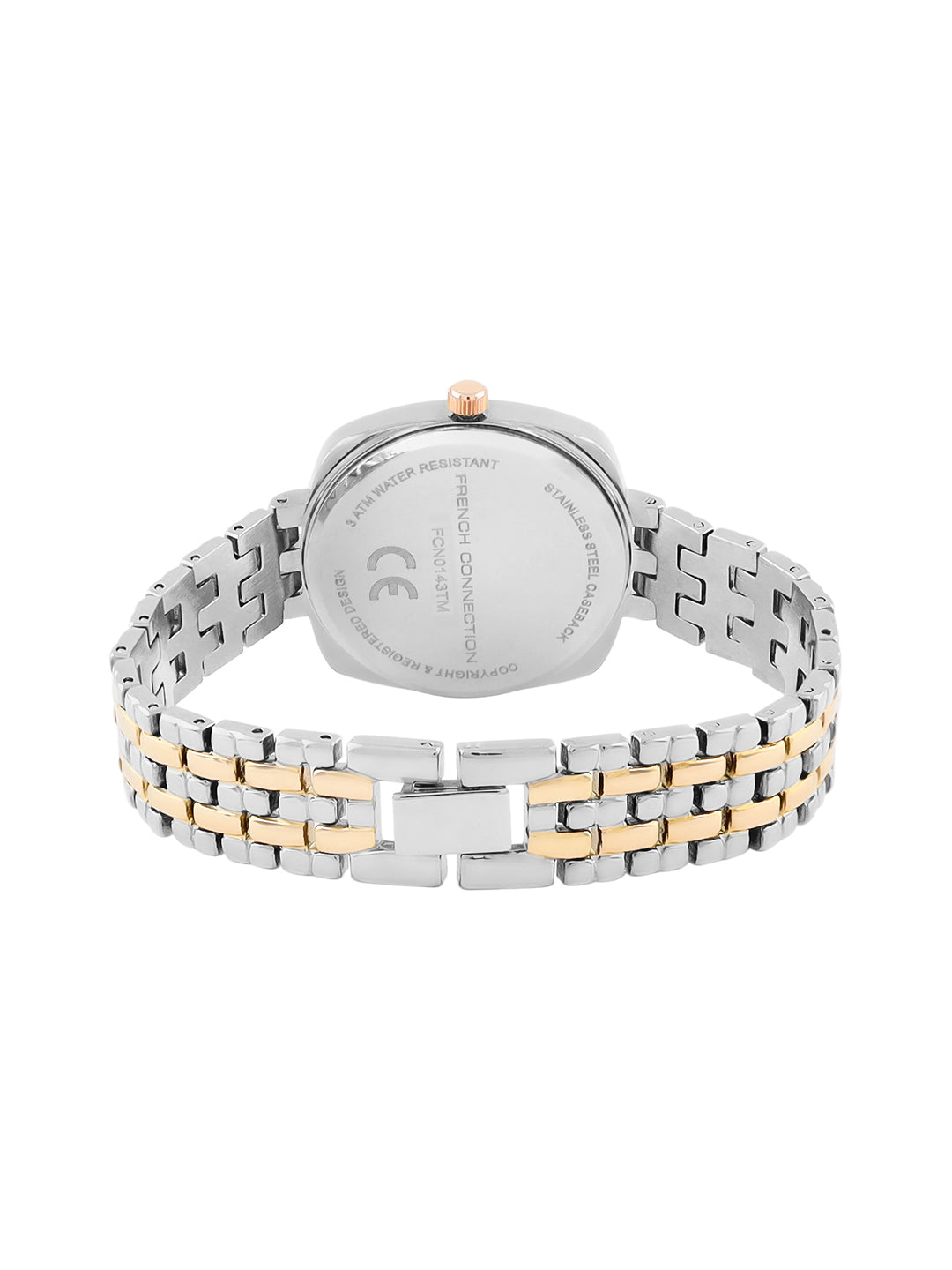 French Connection Textured Silver Square Dial With Gold Two Tone Stainless Steel Strap Watch - For Womens FCN0143TM
