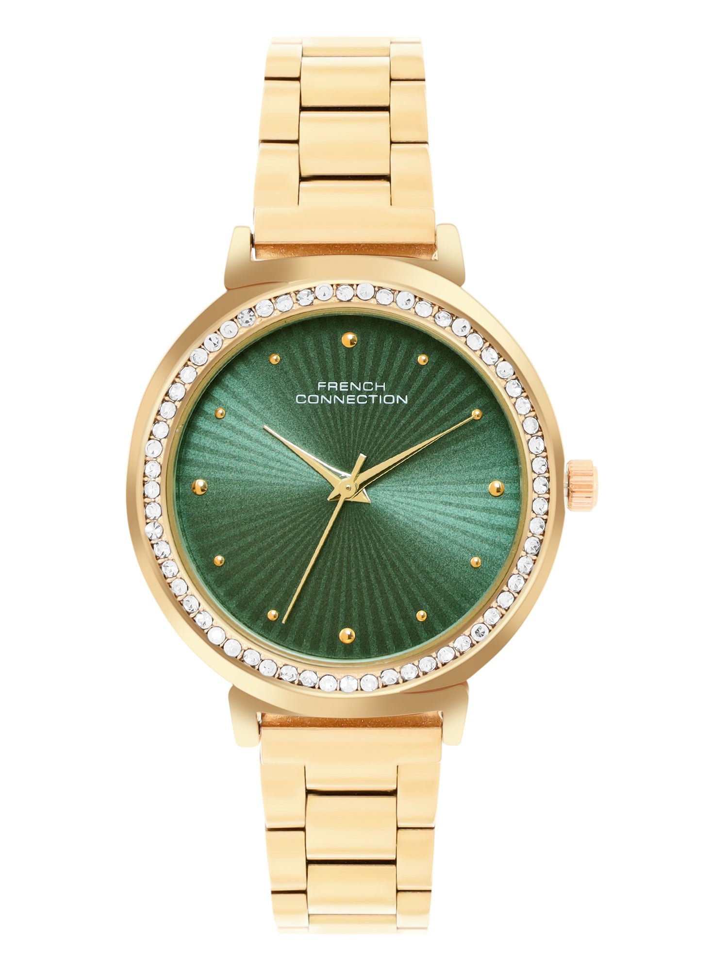 French Connection Textured Green Round Dial With Gold Stainless Steel Strap Watch - For Womens FCN0145NGM