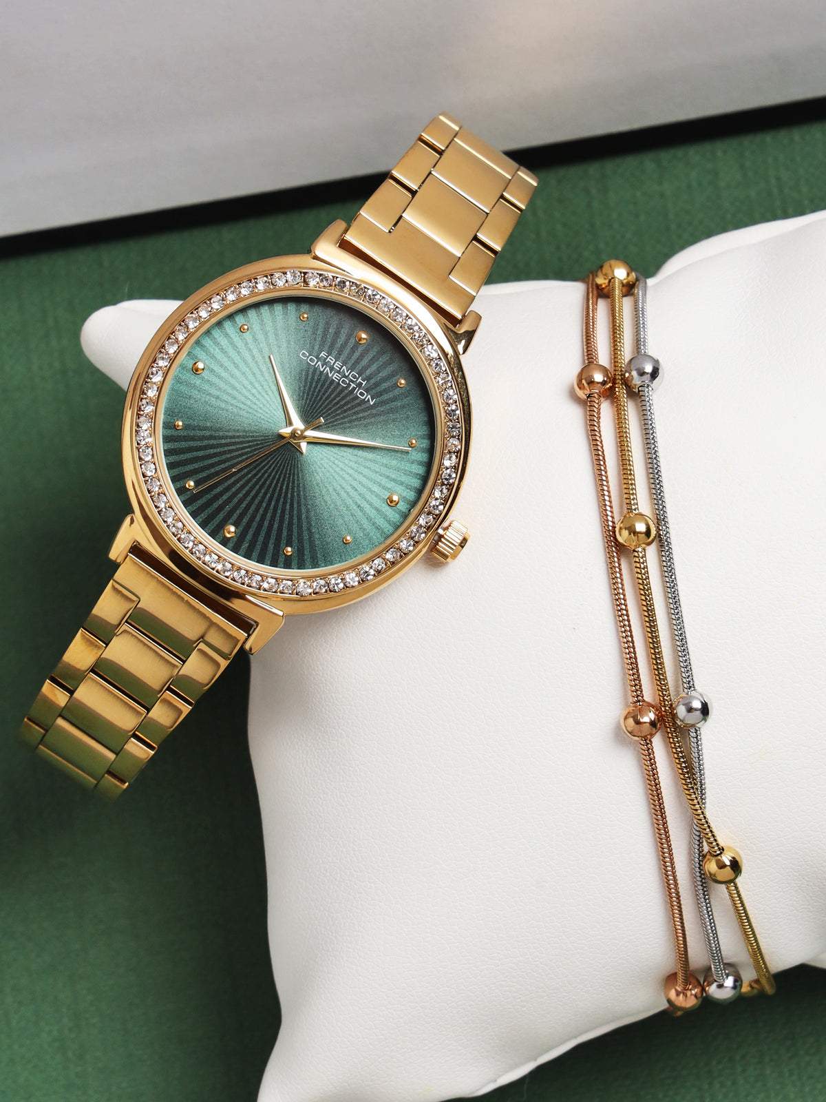 French Connection Textured Green Round Dial With Gold Stainless Steel Strap Watch - For Womens FCN0145NGM