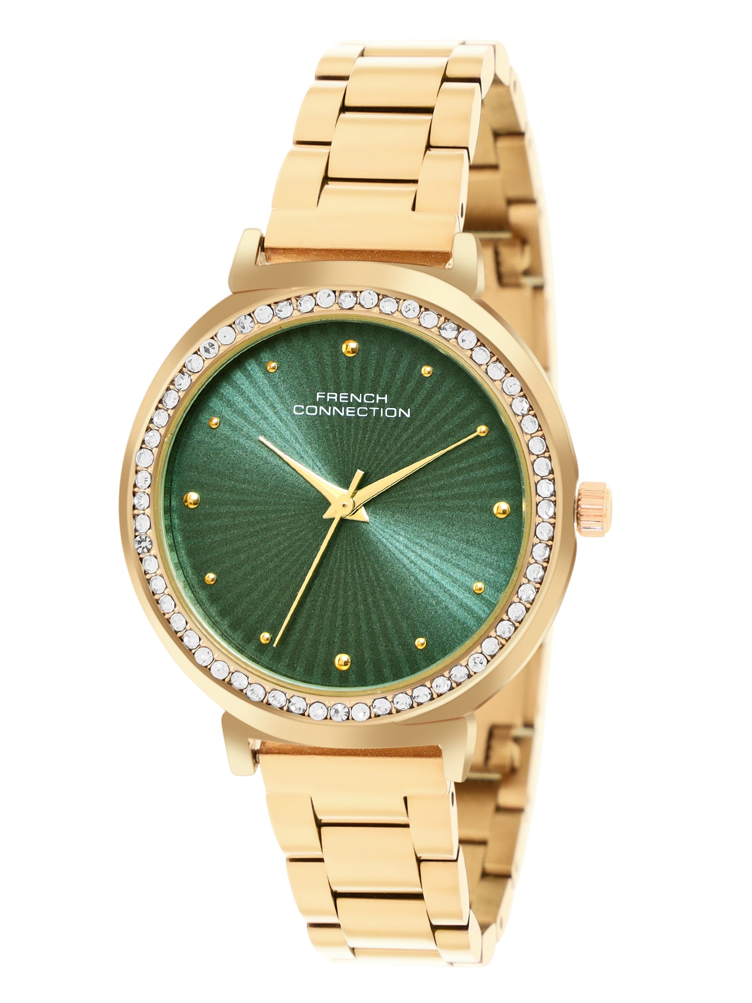 French Connection Textured Green Round Dial With Gold Stainless Steel Strap Watch - For Womens FCN0145NGM