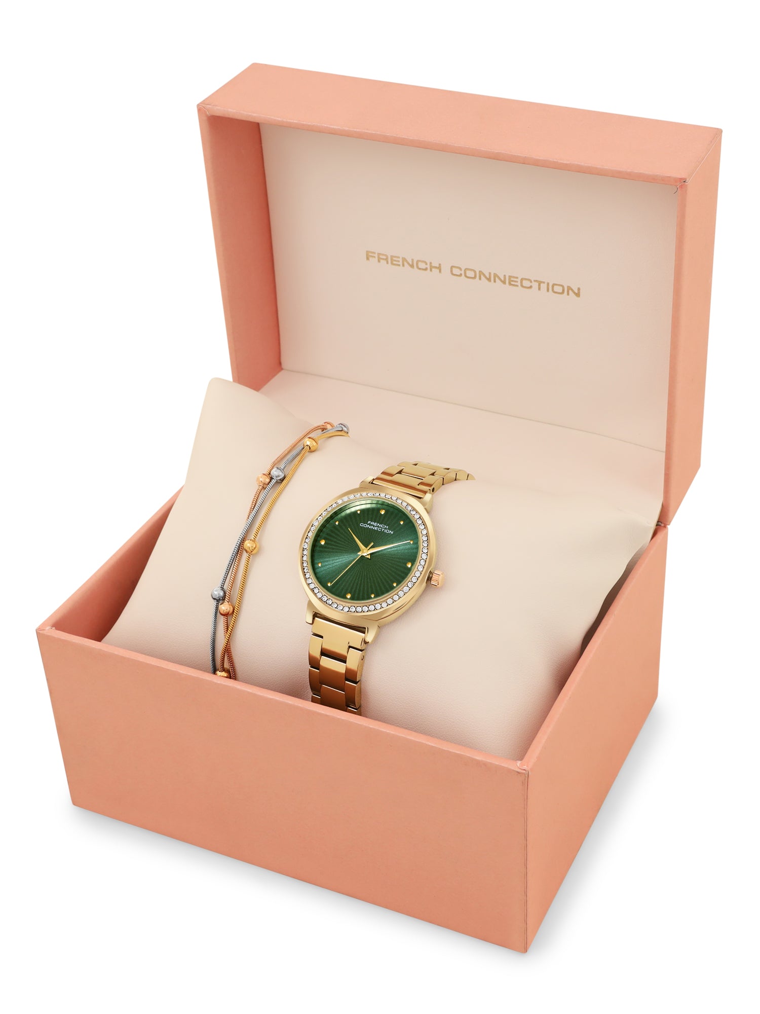 French Connection Textured Green Round Dial With Gold Stainless Steel Strap Watch - For Womens FCN0145NGM