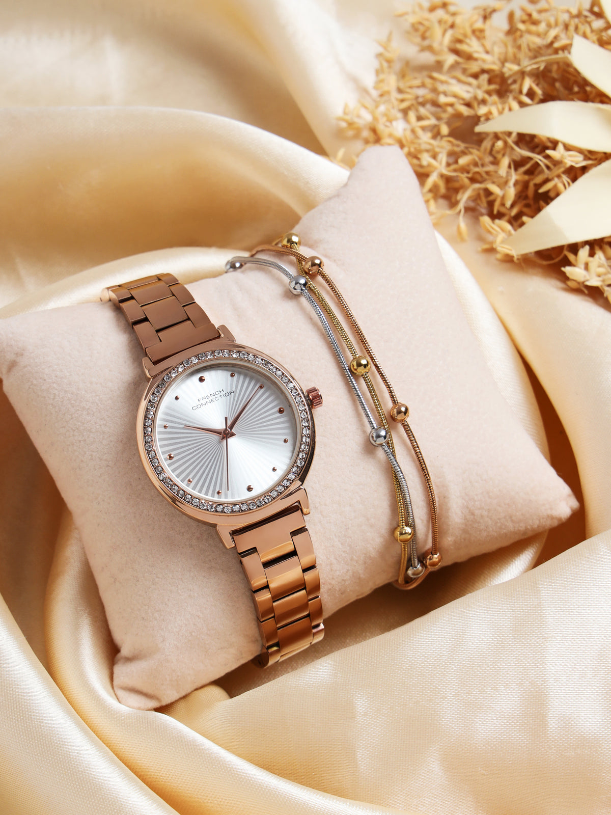 French Connection Textured Silver Round Dial With Rose Stainless Steel Strap Watch - For Womens FCN0145RGM