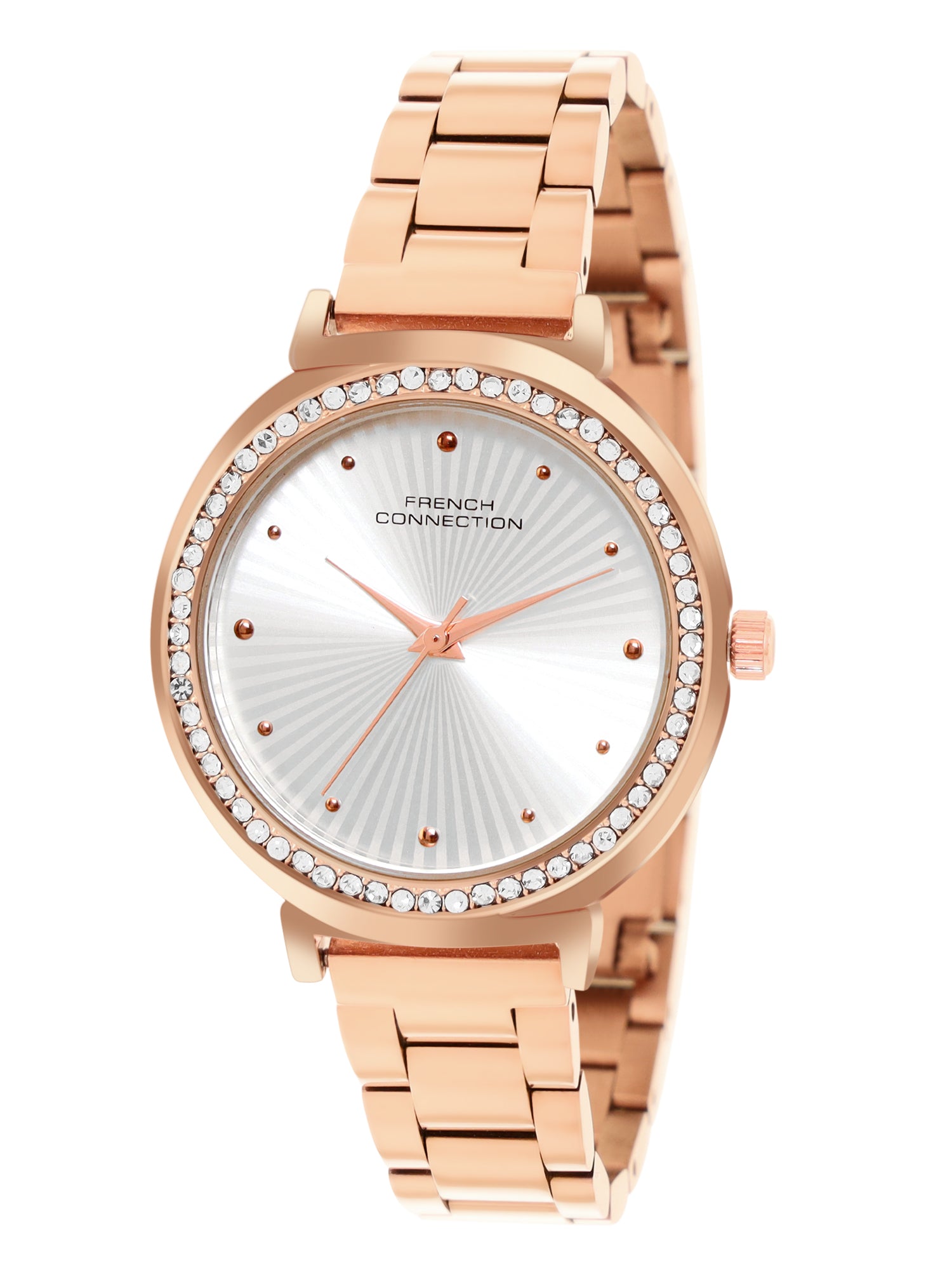 French Connection Textured Silver Round Dial With Rose Stainless Steel Strap Watch - For Womens FCN0145RGM